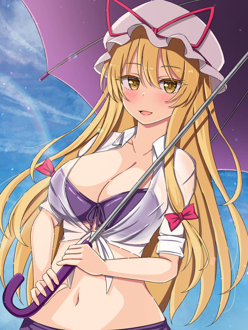 bikini blonde_hair blush bow breasts cleavage commentary_request female hairbow hat highres holding holding_umbrella large_breasts long_hair looking_at_viewer mob_cap navel open_mouth purple_bikini red_bow rimasu71 short_sleeves solo sweatdrop swimsuit touhou touhou_lostword umbrella upper_body white_hat yakumo_yukari yakumo_yukari_(boundary_of_sand_and_sea) yellow_eyes