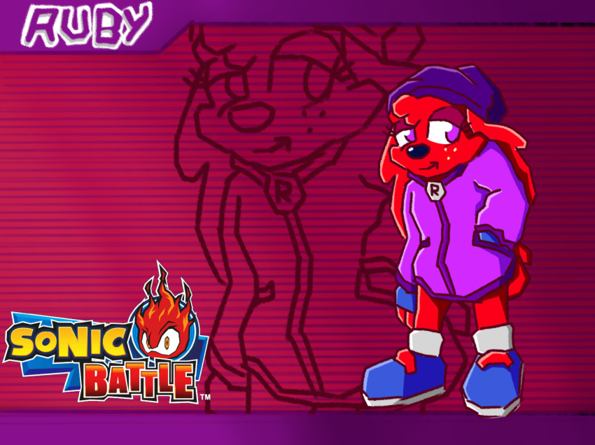 abstract_background anthro beanie bird_dog canid canine canis clothing domestic_dog female fingerless_gloves fur gloves handwear hat headgear headwear hi_res hoodie hunting_dog irish_setter lazy_ruby mammal red_body red_fur ruby_mello_(dynamitegrizzly) sega setter solo sonic_battle sonic_the_hedgehog_(series) style_emulation topwear trans_(lore) trans_woman_(lore)