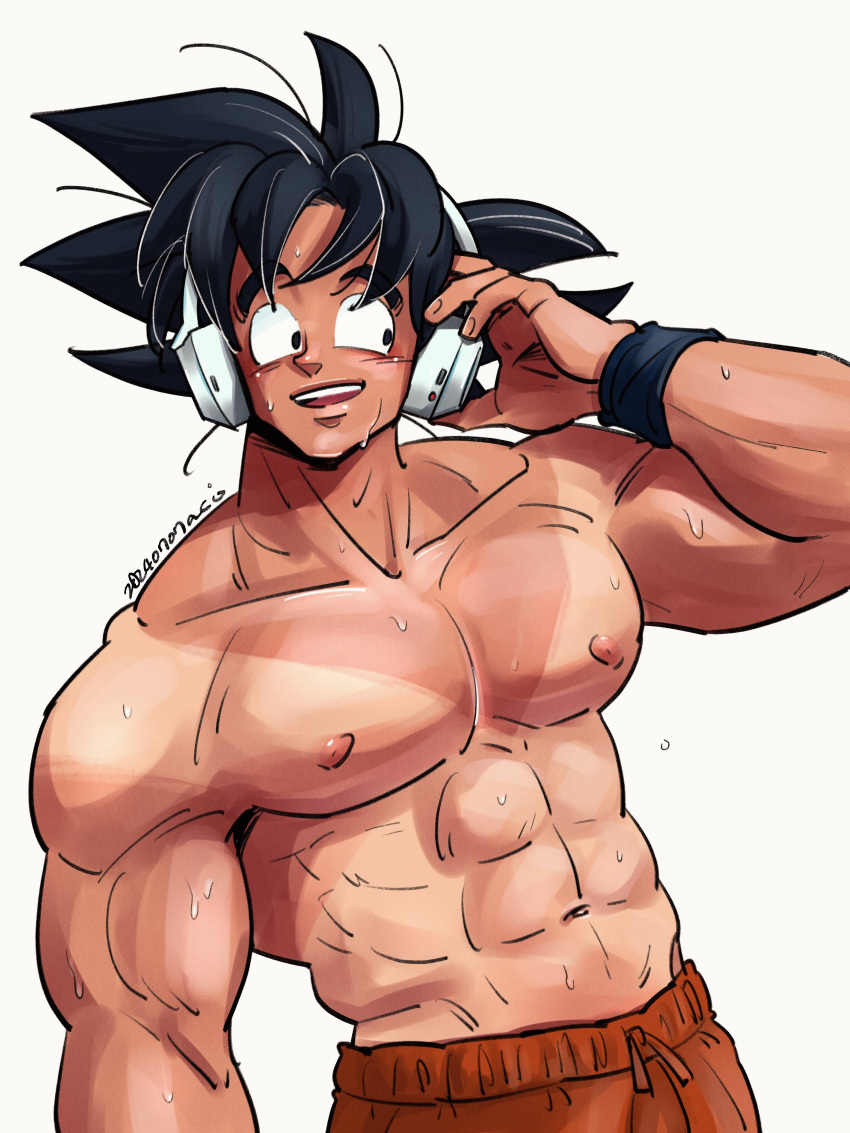 1boy abs absurdres aco_(aco_rz) bara black_hair cowboy_shot dragon_ball headphones highres large_pectorals looking_to_the_side male_focus meme muscular muscular_male navel nipples pectorals sanpaku short_hair simple_background smile solo son_goku spiked_hair standing sunburn sweat tan tank_top_sunburn_(meme) topless_male very_sweaty white_background