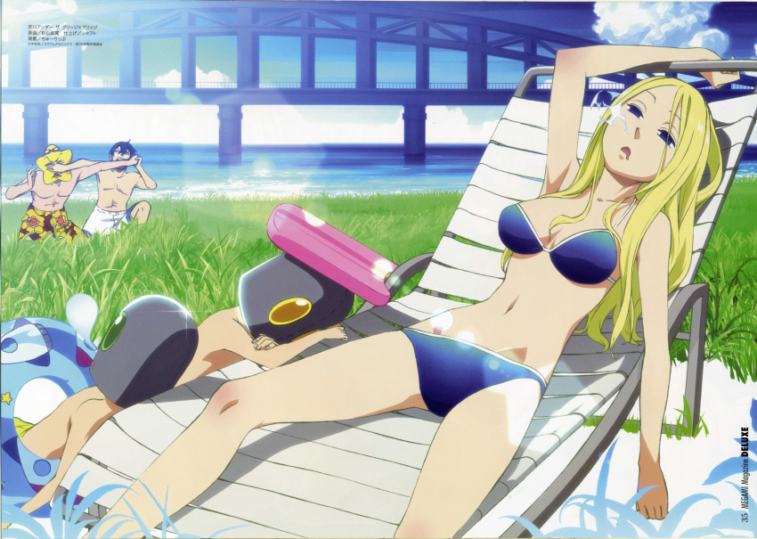 4boys absurdres arakawa_under_the_bridge bikini blonde_hair blue_eyes chair female highres hoshi_(arakawa) ichinomiya_kou iron_brothers_(arakawa) long_hair long_legs lounge_chair lying megami_magazine multiple_boys nino_(arakawa) non-web_source sleeping sugiyama_nobuhiro swimsuit