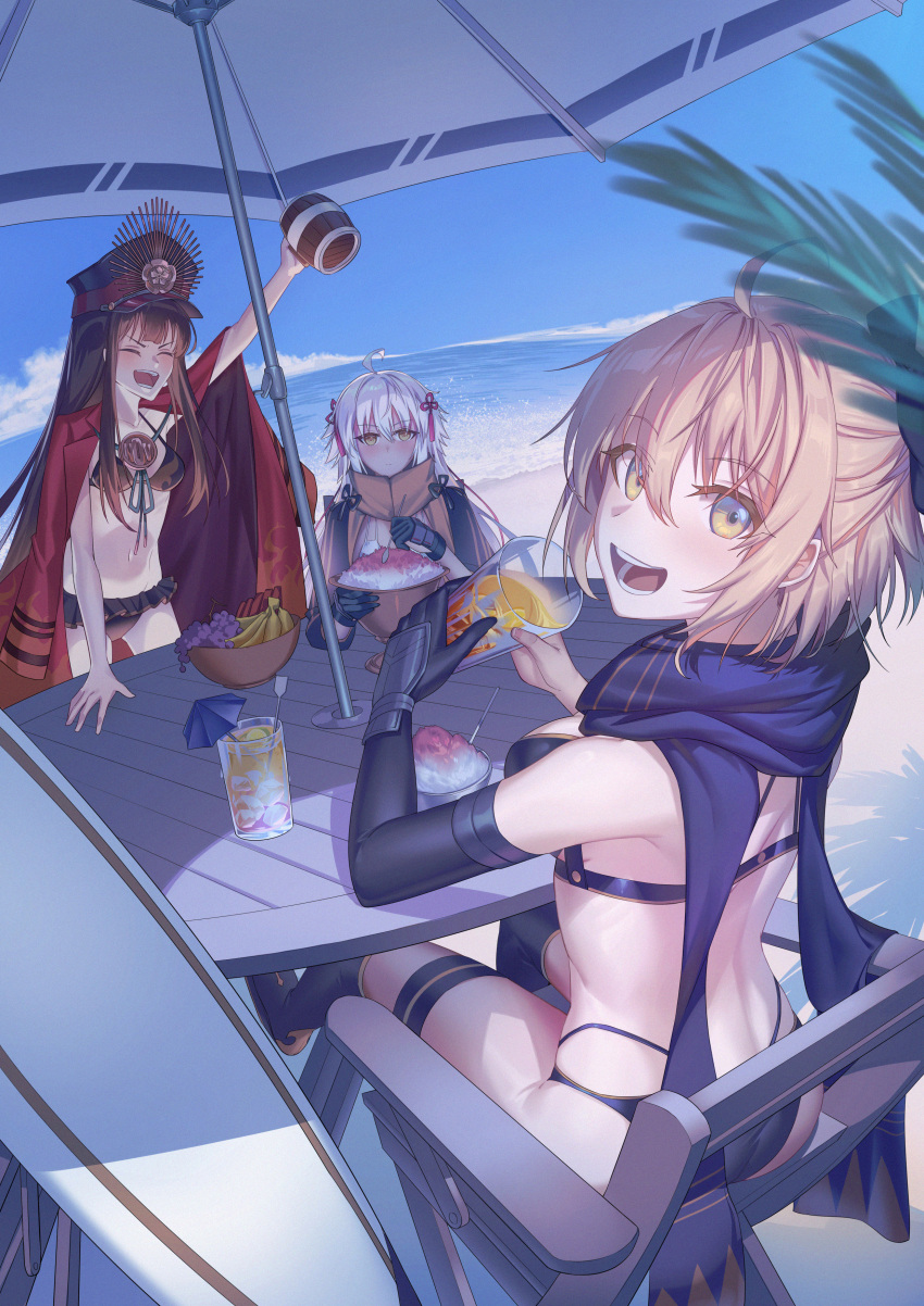 3girls absurdres ahoge ass beach bikini black_bikini black_bow black_gloves black_hair black_hat black_jacket black_scarf black_thighhighs blonde_hair blue_sky bow breasts closed_eyes cloud commentary_request cropped_jacket cup dark-skinned_female dark_skin elbow_gloves fate/grand_order fate_(series) food gloves hairbow half_updo hat highres jacket jacket_on_shoulders long_hair looking_at_viewer medium_breasts military_hat multiple_girls navel ocean oda_nobunaga_(fate) oda_nobunaga_(swimsuit_berserker)_(fate) official_alternate_costume okita_j._souji_(fate) okita_souji_(fate) okita_souji_alter_(fate) okita_souji_alter_(swimsuit_saber)_(fate) open_mouth outdoors red_jacket scarf short_hair sky small_breasts smile stomach swimsuit table thighhighs water white_bikini white_hair yellow_eyes zero_yee