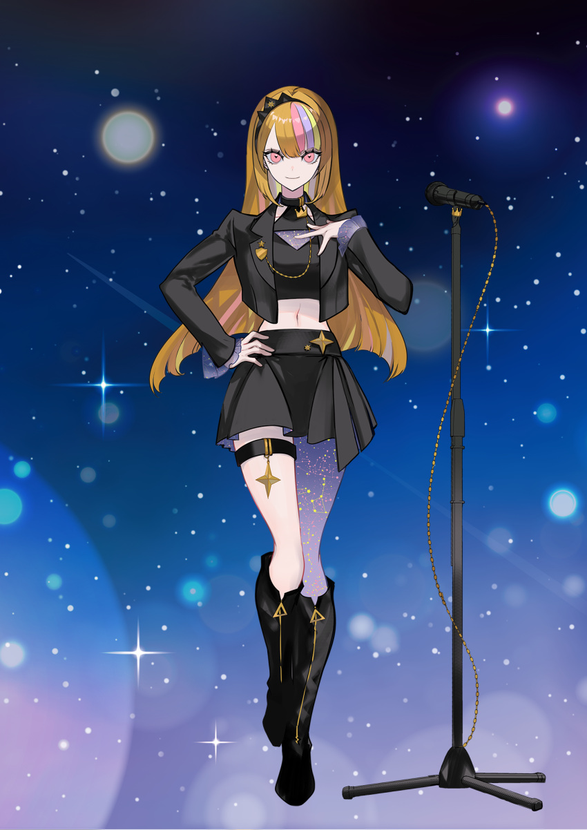 black_headband blonde_hair blue_background brown_hair crop_top female full_body galaco galaco_(black) gradient_background hand_on_own_hip headband highres long_hair looking_at_viewer manbou_no_ane microphone microphone_stand midriff no_eyebrows pink_eyes pink_hair psd_available purple_hair second-party_source single_leg_pantyhose smile solo star_(symbol) star_print starry_background vocaloid zip_available