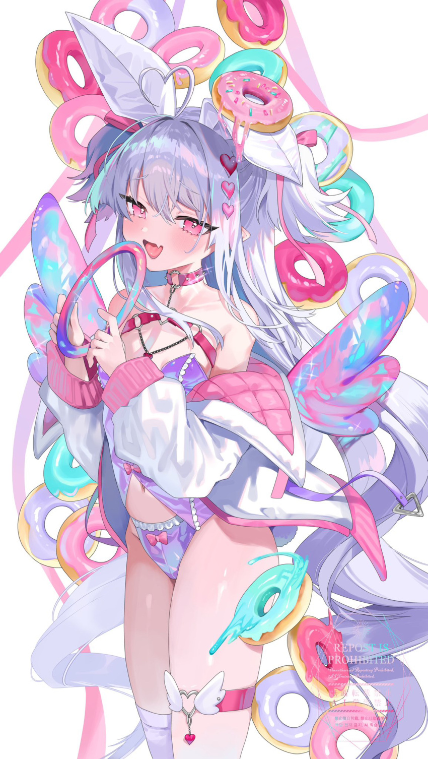 :d aano_(10bit) ahoge bare_shoulders bra collar collarbone commentary_request doughnut female food grey_hair heart heart_ahoge highres jacket long_hair long_sleeves looking_at_viewer open_mouth original panties pink_collar pink_eyes purple_bra purple_panties simple_background smile solo standing thigh_strap thighs underwear white_background white_jacket