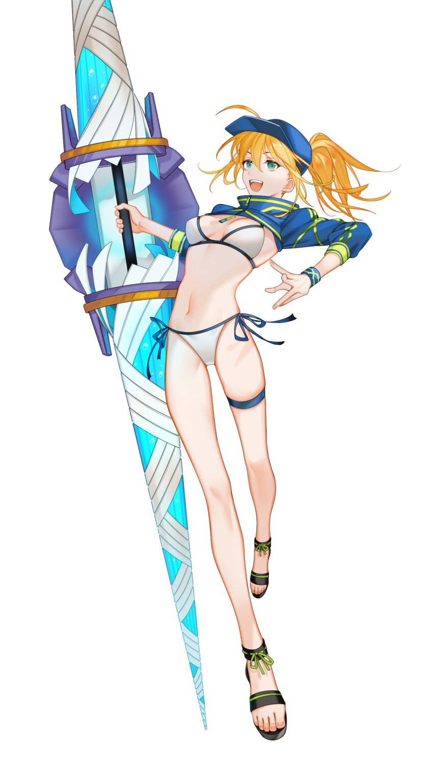 ahoge arlizi artoria_pendragon_(fate) baseball_cap bikini blonde_hair blue_eyes blue_hat breasts fate/grand_order fate_(series) female full_body hair_between_eyes hair_through_headwear hat highres large_breasts long_hair mysterious_heroine_xx_(fate) navel ponytail shrug_(clothing) simple_background smile solo swimsuit tachi-e thigh_strap twinmyniad_(fate) white_background white_bikini wristband zipper_pull_tab