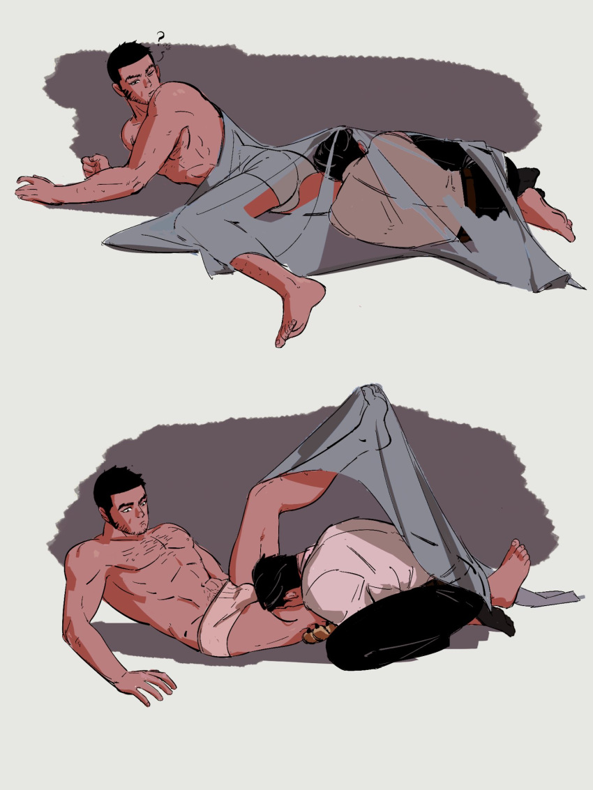 2boys alternate_pectoral_size bara beard_stubble black_hair briefs bulge buzz_cut facial_hair from_side golden_kamuy highres leg_lift long_sideburns loose_hair_strand lying male_focus male_underwear mature_male multiple_boys muscular muscular_male ogata_hyakunosuke on_back on_person short_hair sideburns sleeping sleeping_on_person sparse_chest_hair stubble tanigaki_genjirou thick_eyebrows topless_male underwear very_short_hair waking_up yaoi zhongdama