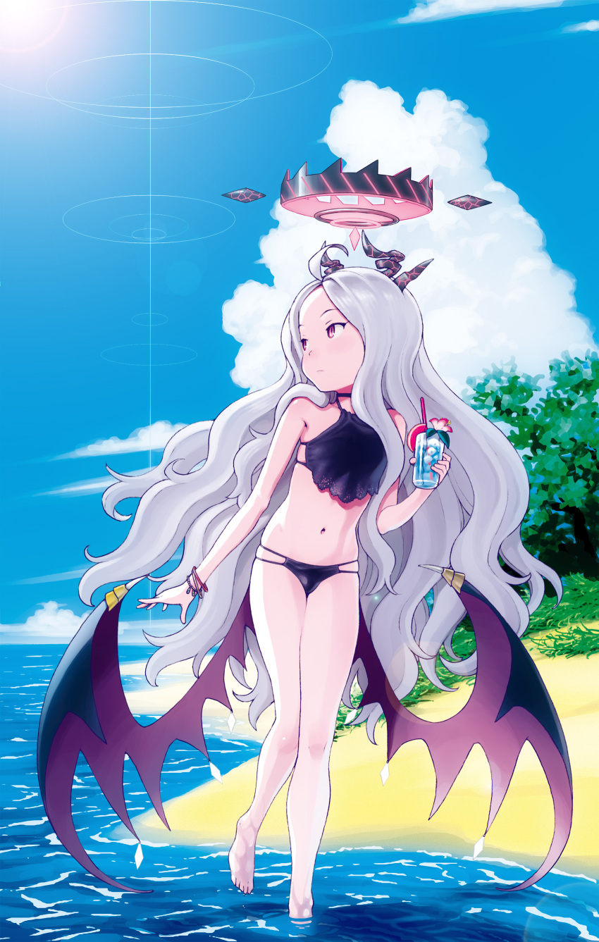 absurdres ahoge backlighting bare_shoulders beach bikini black_bikini blue_archive blue_sky cloud cocktail cup day demon_horns demon_wings drinking_glass drinking_straw duplicate female full_body halo highres hijiri_rei hina_(blue_archive) horns long_hair looking_back looking_to_the_side low_wings mechanical_halo navel outdoors parted_bangs pink_eyes sky solo sun sunlight swimsuit very_long_hair wading water white_hair wings