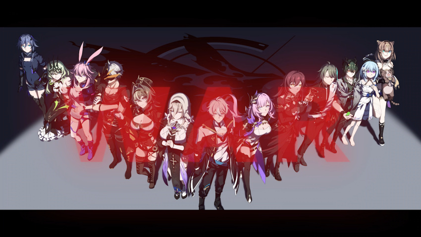 4boys 6+girls ahoge animal animal_ears aponia_(honkai_impact) bare_legs bare_shoulders barefoot black_bodysuit black_border black_dress black_footwear black_jacket black_pants black_robe blonde_hair blue_eyes blue_footwear blue_hair bodysuit border breast_curtains breasts brown_hair brown_shorts can_(honkai_impact) cape cat_ears cat_girl cat_tail center_opening cleavage cleavage_cutout clothing_cutout covered_navel crossed_arms cup dress eden_(honkai_impact) elysia_(honkai_impact) elysia_(miss_pink_elf)_(honkai_impact) english_text fu_hua full_body green_eyes green_hair grey_cape grey_hair griseo griseo_(starry_impression) hat heterochromia highres holding holding_animal holding_cup holding_leash honkai_(series) honkai_impact_3rd horns jacket kalpas_(honkai_impact) kevin_kaslana kosma large_breasts leash light_blue_hair lineup long_hair luyue m.o.t.h._logo_(honkai_impact) mask mask_on_head mobius_(honkai_impact) multiple_boys multiple_girls nun pants pardofelis_(honkai_impact) pectoral_cleavage pectorals pelvic_curtain pink_hair rabbit_ears red_hair robe sakura_(honkai_impact) see-through see-through_cleavage shirt short_hair shorts slit_pupils small_breasts standing su_(honkai_impact) tail thighs top_hat two-tone_shirt very_long_hair vill-v white_dress white_hair white_shirt white_veil yellow_eyes zettai_ryouiki