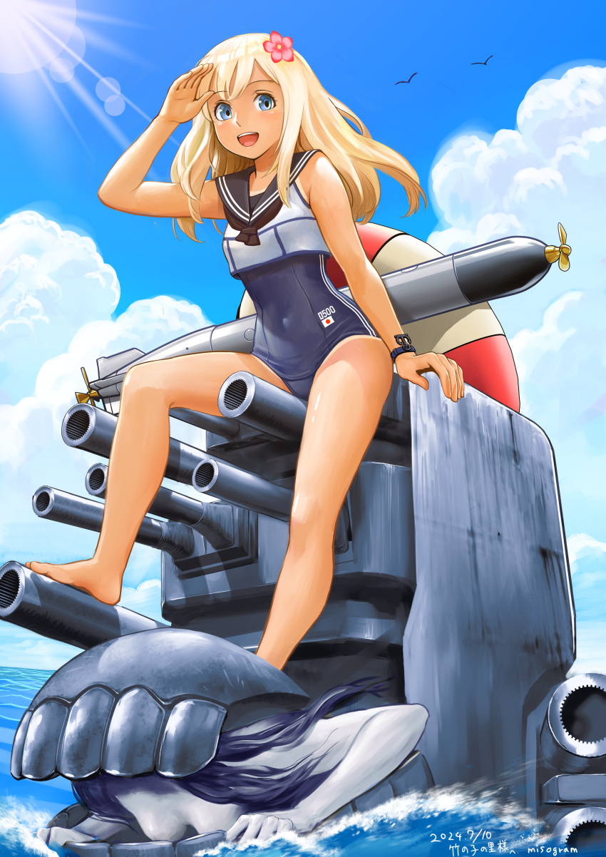 absurdres abyssal_ship blonde_hair blue_eyes blush breasts cannon crop_top dated day female flower hair_flower hair_ornament highres ho-class_light_cruiser kantai_collection lifebuoy long_hair looking_at_viewer machinery misogram ocean one-piece_swimsuit one-piece_tan open_mouth ro-500_(kancolle) sailor_collar school_swimsuit school_uniform serafuku signature smile swim_ring swimsuit swimsuit_under_clothes tan tanlines torpedo turret water