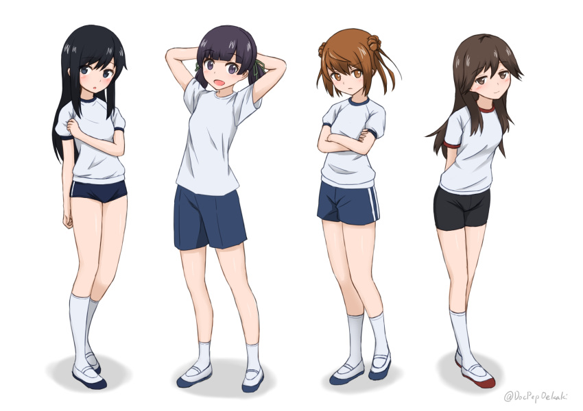 4girls absurdres ankle_socks arashio_(kancolle) arms_behind_back arms_behind_head arms_up asashio_(kancolle) black_hair black_shorts blue_buruma blue_eyes blue_shorts blush breasts brown_eyes brown_hair buruma closed_mouth commentary_request crossed_arms doc_pep double_bun full_body green_ribbons gym_shirt gym_shorts gym_uniform hair_bun hair_ribbon highres kantai_collection kneehighs long_hair looking_at_viewer medium_hair michishio_(kancolle) multiple_girls ooshio_(kancolle) open_mouth parted_lips purple_eyes ribbon shirt shoes short_hair short_shorts short_sleeves short_twintails shorts simple_background small_breasts smile socks standing t-shirt twintails twitter_username uwabaki white_background white_footwear white_shirt white_socks