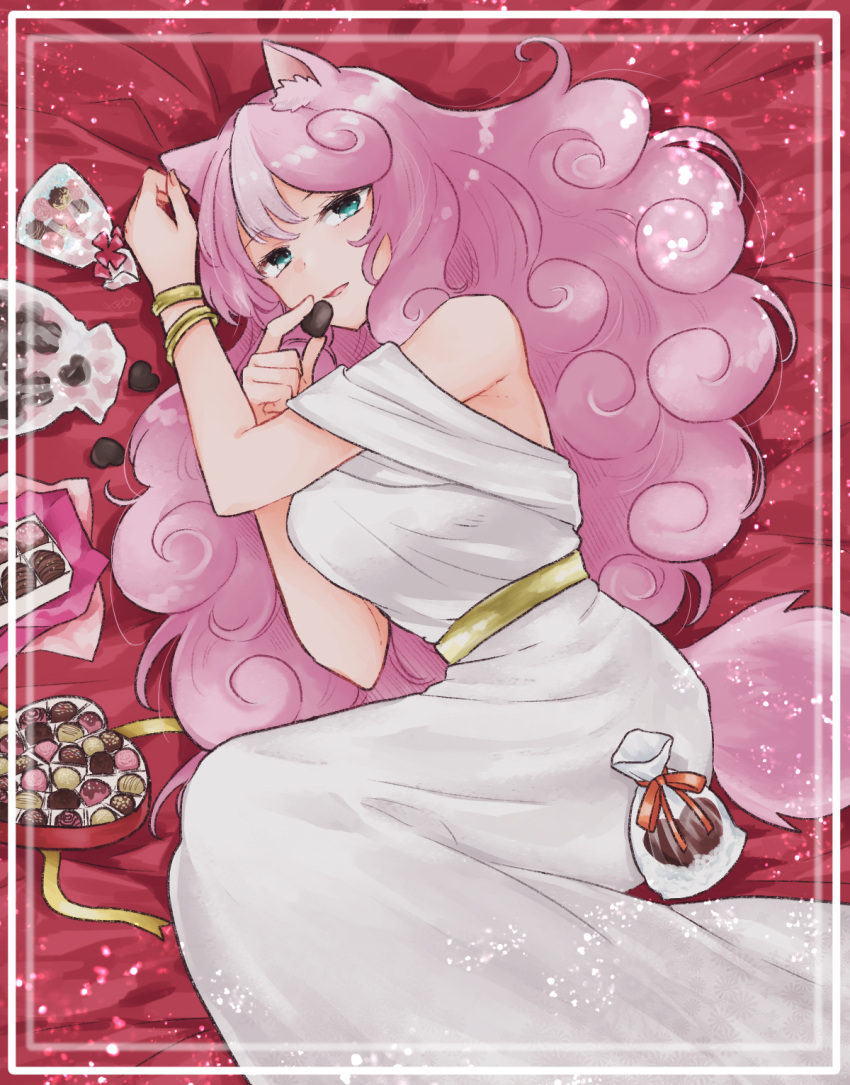 alternate_costume animal_ears bare_shoulders box box_of_chocolates bracelet candy chocolate come_hither dress feet_out_of_frame female fluffy_hair food green_eyes heart heart-shaped_chocolate highres inset_border jewelry long_hair looking_at_viewer lying mikan_tabetai on_side open_mouth pink_hair ribbon show_by_rock!! solo squirrel_ears squirrel_tail sumomone_(show_by_rock!!) tail white_dress