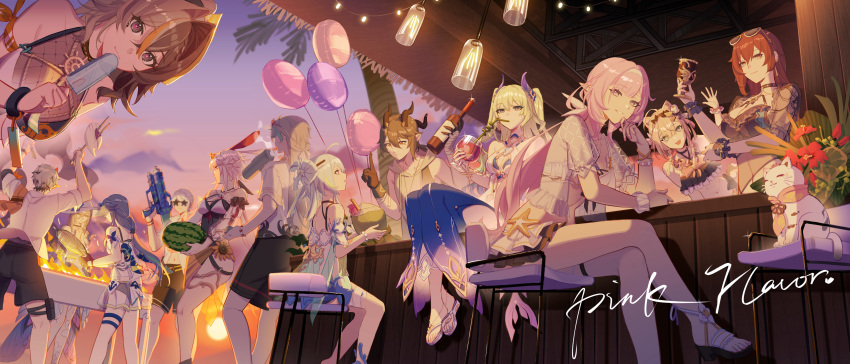 4boys 6+girls absurdres alcohol animal_ears aponia_(honkai_impact) aponia_(mesmerizing_blue) balloon bare_legs bare_shoulders bikini black_bikini black_gloves black_shorts blonde_hair blue_eyes blue_hair blue_one-piece_swimsuit breasts brown_hair can_(honkai_impact) cat_ears cat_girl cat_tail cleavage coconut cooking crossed_legs cup dress eden_(flowing_rhyme) eden_(honkai_impact) elf elysia_(honkai_impact) elysia_(miss_pink_elf)_(honkai_impact) elysia_(summer_miss_elf)_(honkai_impact) english_text eyewear_on_head feline fire flip-flops food fruit fu_hua gloves green_eyes green_hair grey_eyes grey_hair grilling griseo griseo_(starry_impression) hair_between_eyes hat heterochromia highres holding holding_cup holding_food holding_fruit holding_glass_bottle holding_ice_cream holding_water_gun holding_watermelon honkai_(series) honkai_impact_3rd horns ice_cream kalpas_(honkai_impact) kevin_kaslana kosma large_breasts light_blue_hair long_hair looking_at_viewer midriff mobius_(daughter_of_corals)_(honkai_impact) mobius_(honkai_impact) multiple_boys multiple_girls navel on_chair one-piece_swimsuit outdoors pardofelis_(honkai_impact) pardofelis_(midsummer_collector)_(honkai_impact) pink_hair pointy_ears ponytail purple_sky rabbit_ears red_hair sakura_(honkai_impact) sandals sang_sha shirt short_hair shorts sitting sky small_breasts star-shaped_eyewear star_(symbol) su_(honkai_impact) summer sun_hat sunset swimsuit tail thigh_strap thighs toes vill-v vill-v_(i'm_the_storm) water_gun white_bikini white_dress white_hair white_shirt yellow_eyes