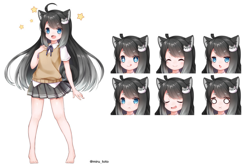 2018 accessory ahoge animal_humanoid barefoot black_hair blue_eyes bottomwear canid canid_humanoid canine canine_humanoid clothed clothing dog_humanoid expression_sheet feet female grey_hair hair hair_accessory hakuari hi_res humanoid licking licking_lips licking_own_lips long_hair mammal mammal_humanoid multicolored_hair self_lick shirt simple_background skirt solo star tongue tongue_out topwear vest white_background x_mouth young