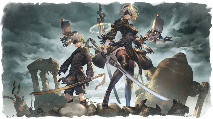 1boy 2b_(nier:automata) 9s_(nier:automata) absurdres black_blindfold black_dress black_footwear black_gloves black_hairband black_thighhighs blindfold boots breasts closed_mouth cloud cloudy_sky dress female floating floating_object gloves granblue_fantasy granblue_fantasy_versus:_rising hairband highres holding holding_sword holding_weapon katana nier:automata nier_(series) official_art outdoors pod_(nier:automata) shirt sky sword thigh_boots thighhighs third-party_source weapon white_shirt