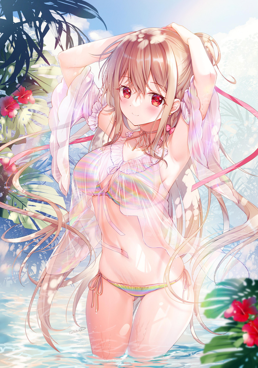 armpits arms_up ass_visible_through_thighs bikini blue_sky breasts brown_hair cleavage closed_mouth cloud collarbone commentary_request day female flower hair_between_eyes highres long_hair looking_at_viewer maeda_shiori medium_breasts outdoors ponytail rainbow_gradient red_eyes red_flower see-through side-tie_bikini_bottom sky smile solo sousouman striped_bikini striped_clothes swimsuit thigh_gap twinbox_school very_long_hair