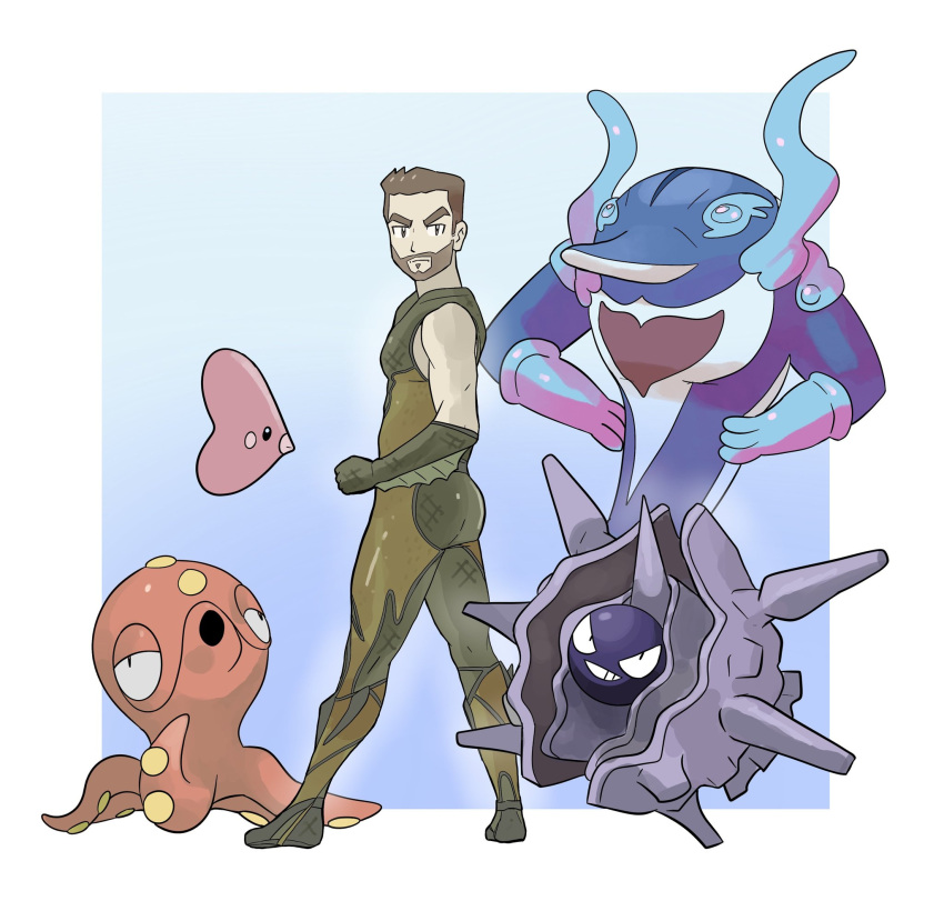 1boy animification ass black_eyes blue_background border brown_eyes brown_gloves brown_hair clenched_hand cloyster crossover english_commentary facial_hair frown full_body gloves goatee highres looking_at_viewer luvdisc male_focus octillery palafin palafin_(hero) pokemon solo_focus subakeye the_boys the_deep_(the_boys) thick_eyebrows v-shaped_eyebrows white_border