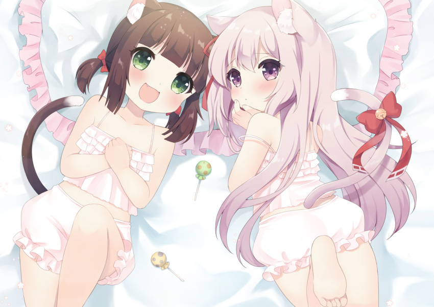 2girls animal_ear_fluff animal_ears azur_lane barefoot bed bell bloomers blush brown_hair camisole candy cat_ears cat_girl cat_tail commission commissioner_upload feet food green_eyes hand_to_own_mouth hands_on_own_chest jingle_bell kisaragi_(azur_lane) knee_up leg_up lollipop looking_at_viewer lying multiple_girls mutsuki_(azur_lane) oerba_yun_fang on_back on_stomach open_mouth own_hands_together pillow ribbon sen1986 short_hair skeb_commission smile soles strap_slip tail tail_bell tail_ornament tail_ribbon thighs toes twintails white_bloomers white_camisole