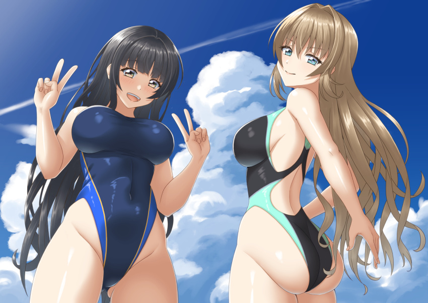 2girls ass black_hair black_one-piece_swimsuit blue_eyes blue_one-piece_swimsuit blue_sky breasts brown_eyes brown_hair cloud commentary_request competition_swimsuit contrail double_v highleg highleg_one-piece_swimsuit large_breasts long_hair looking_at_viewer looking_back multiple_girls one-piece_swimsuit open_mouth original sano_souichi sky smile swimsuit teeth two-tone_swimsuit upper_teeth_only v