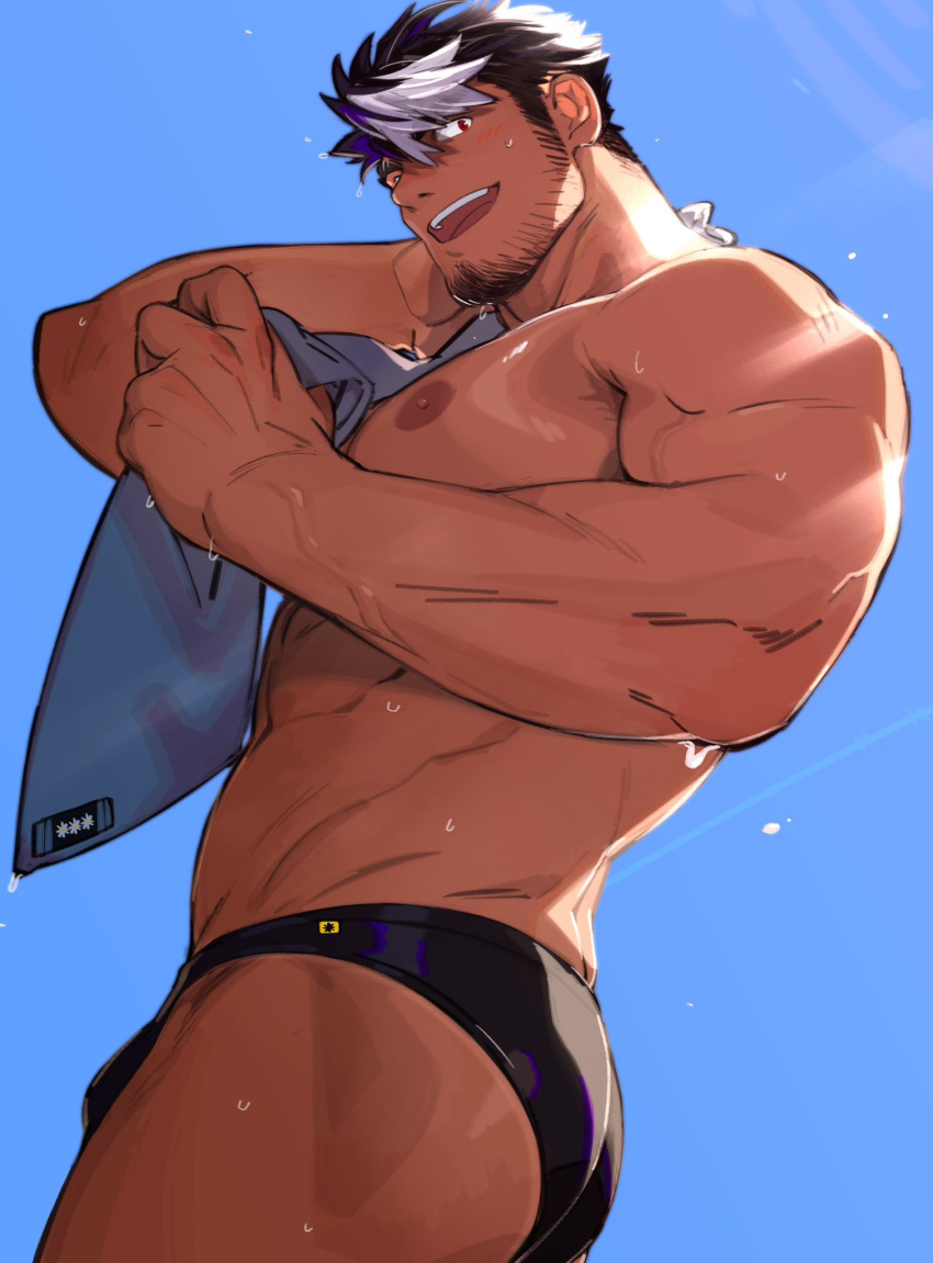 1boy abs ass bara beard beard_stubble black_hair black_male_swimwear blue_background blue_sky blue_towel blush bulge dark_skin facial_hair highres lilac_(live_a_hero) live_a_hero male_focus male_swimwear muscular muscular_male nipples open_mouth red_eyes sideburns_stubble sky smile stubble swim_briefs swimsuit tarutoru towel white_hair