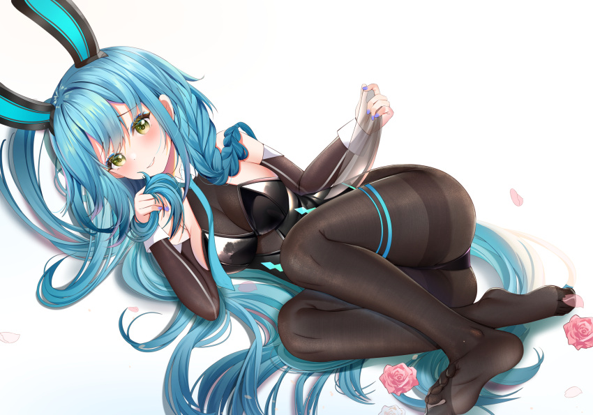 animal_ears azur_lane black_leotard blue_hair blush bodystocking boise_(azur_lane) boise_(sheepish_sapphire)_(azur_lane) bottle braid breasts commentary_request cup detached_sleeves fake_animal_ears feet female flower full_body green_eyes highres holding holding_own_hair large_breasts legs leotard long_hair long_sleeves looking_at_viewer lying miaogujun nail_polish no_shoes official_alternate_costume on_side pantyhose pink_flower playboy_bunny purple_nails rabbit_ears simple_background smile soles solo toes very_long_hair white_background