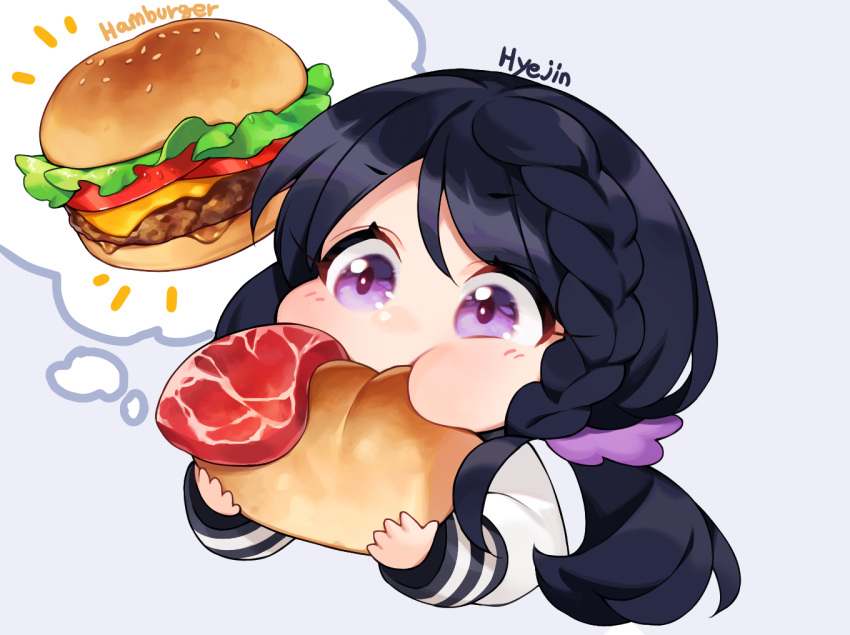 black_hair braids chibi close eternal_return:_black_survival food hyejin_(eternal_return) long_hair purple_eyes school_uniform takotsu