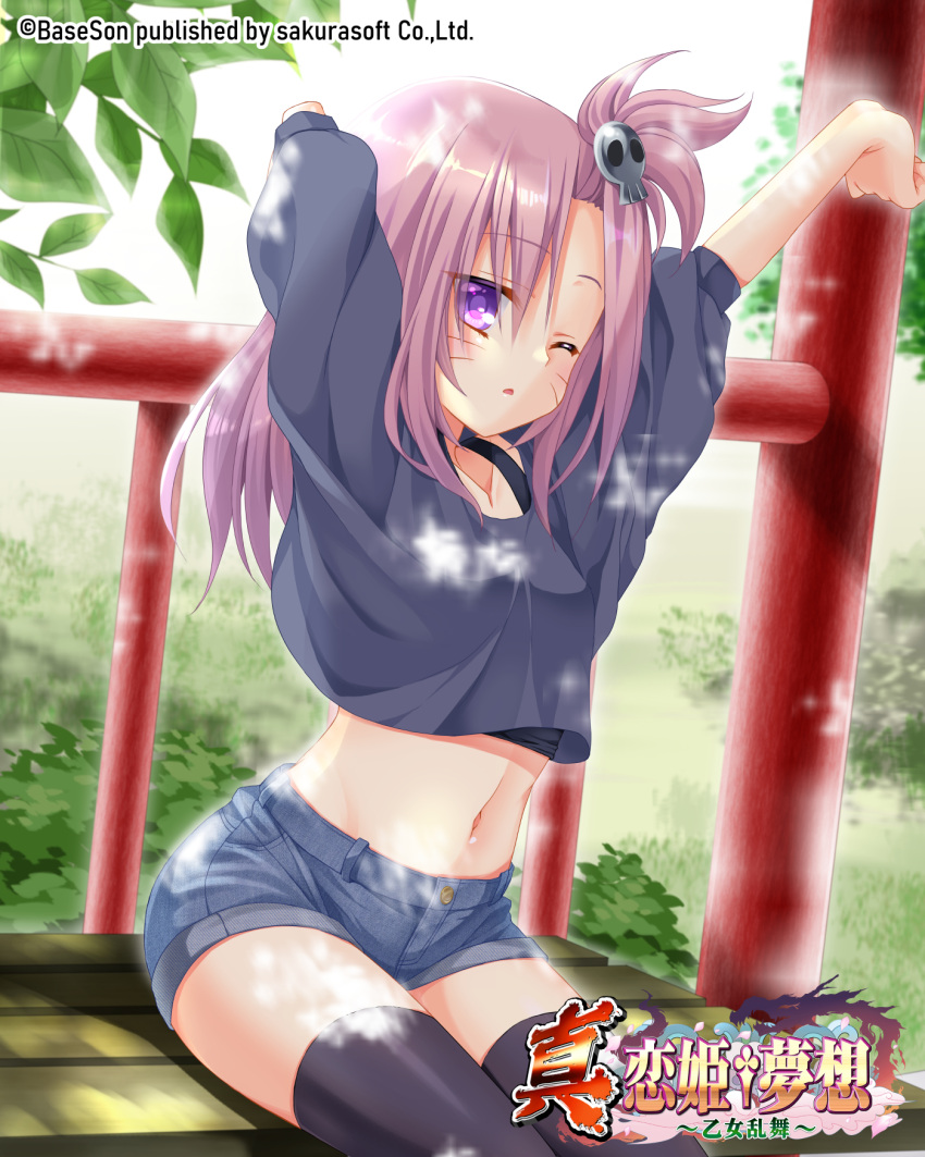 arms_up bench bikuto_ryuu black_shirt black_tank_top black_thighhighs denim denim_shorts facial_mark female hair_ornament highres jokou koihime_musou long_hair midriff navel one_eye_closed outdoors purple_eyes purple_hair shirt short_shorts shorts side_ponytail sitting solo stretching tank_top thighhighs thighs