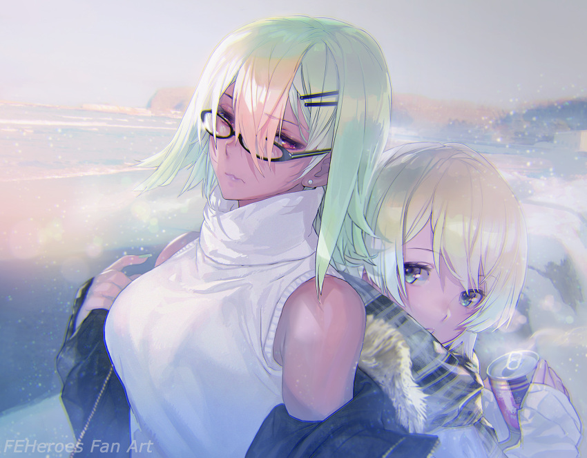 2girls back-to-back bare_shoulders blonde_hair blue_eyes breasts dark-skinned_female dark_skin drink earrings fire_emblem fire_emblem_heroes fjorm_(fire_emblem) fur_trim glasses green_hair hair_ornament hairpin jacket jewelry laegjarn_(fire_emblem) leather leather_jacket maeshima_shigeki medium_hair multiple_girls nail_polish orange_hair plaid plaid_scarf red_eyes scarf short_hair sleeveless sleeveless_turtleneck steam sweater turtleneck turtleneck_sweater white_sweater