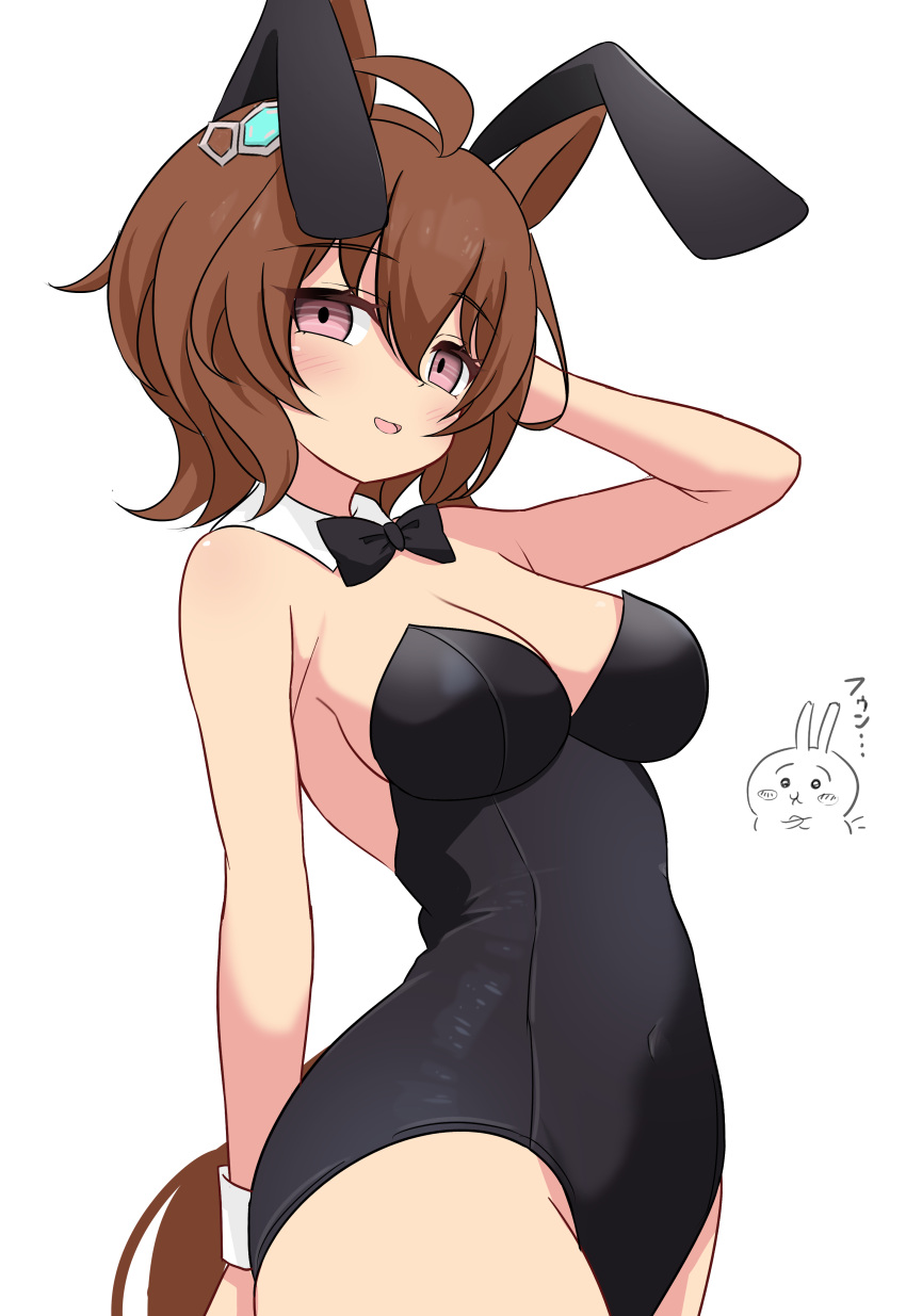 absurdres agnes_tachyon_(umamusume) alternate_costume animal_ears arm_up armpits black_bow black_bowtie black_leotard bow bowtie breasts brown_hair chiikawa cowboy_shot detached_collar earrings fake_animal_ears female hair_between_eyes highleg highleg_leotard highres horse_ears horse_girl horse_tail jewelry leotard medium_breasts open_mouth playboy_bunny shimosazami short_hair single_earring smile solo strapless strapless_leotard tail umamusume usagi_(chiikawa)