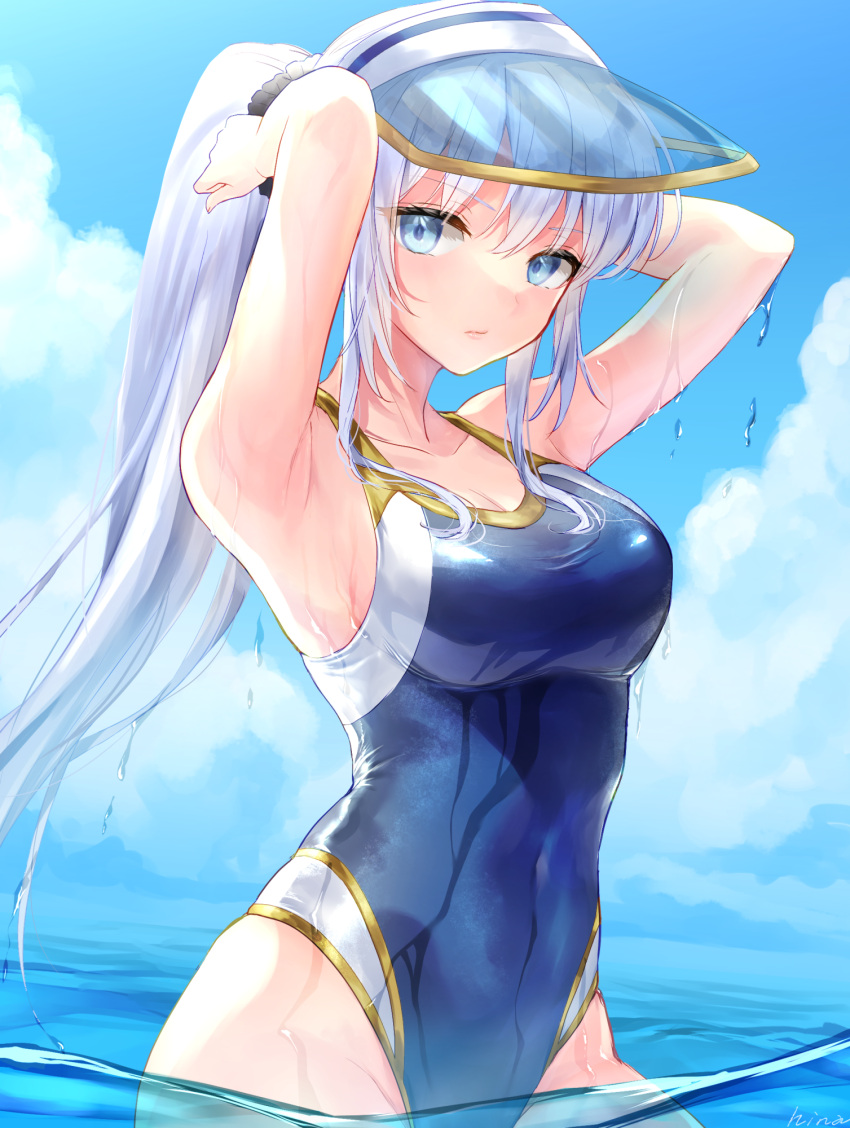 armpits arms_behind_head arms_up breasts cleavage cloud collarbone commentary competition_swimsuit covered_navel cowboy_shot day elias_(sennen_sensou_aigis) female grey_hair hair_ornament hair_scrunchie hi-na1 highres large_breasts long_hair looking_at_viewer ocean one-piece_swimsuit outdoors partially_underwater_shot ponytail scrunchie sennen_sensou_aigis sidelocks signature sky solo standing swimsuit very_long_hair visor_cap wading water wet wet_clothes wet_swimsuit