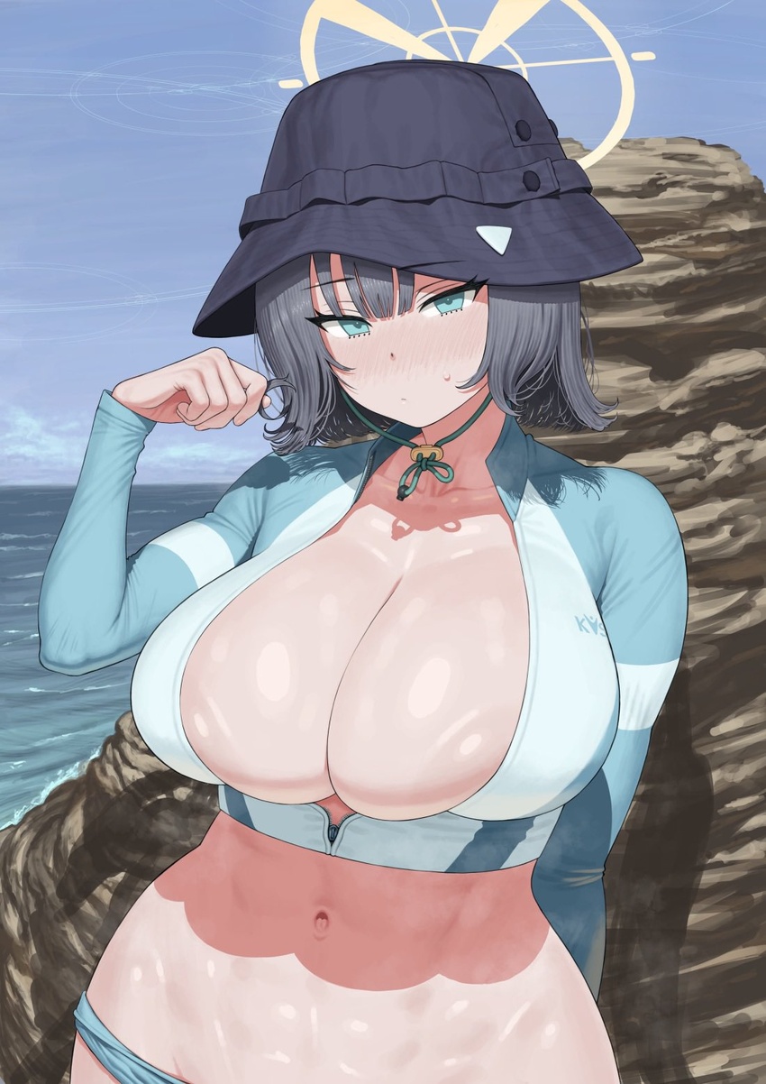 abs blue_archive blue_eyes breasts bucket_hat closed_mouth cropped_shirt day female grey_hair halo hat highres large_breasts long_sleeves looking_at_viewer maruko_tooto medium_hair navel official_alternate_costume outdoors pants raglan_sleeves saki_(blue_archive) saki_(swimsuit)_(blue_archive) shiny_skin solo standing stomach sweat textless_version twirling_hair