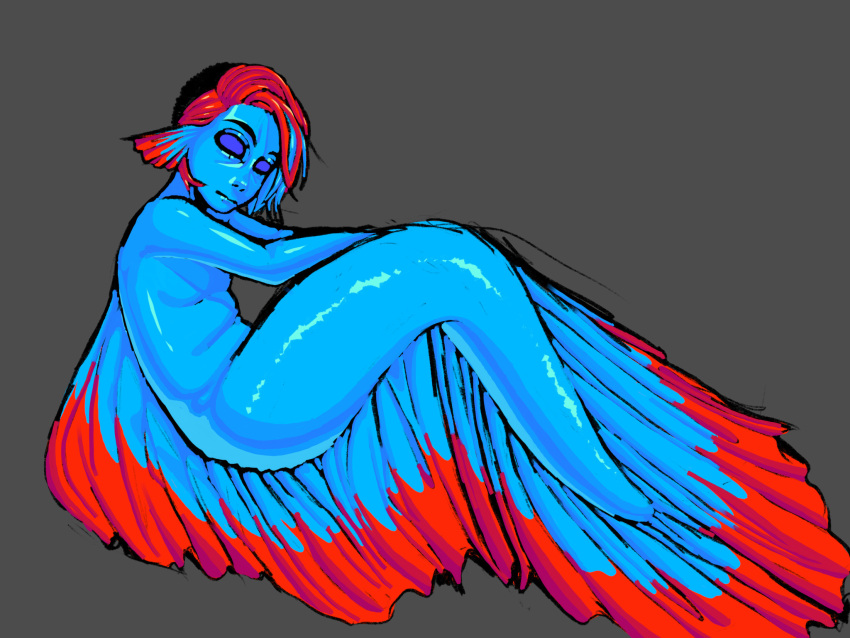 4:3 ambiguous_gender betta_(genus) blue_body blue_eyes blue_hair blue_scales blue_sclera blue_skin colored digital_drawing_(artwork) digital_media_(artwork) dorsal_fin dreamscreep ear_fins ear_frill fan_character fin fish frill_(anatomy) glistening glistening_body glistening_hair glistening_nose glistening_scales glistening_skin gourami hair hi_res humanoid looking_at_viewer marine markings merfolk mermay no_irises red_fin red_hair red_markings scales shaded siamese_fighting_fish sitting solo split_form tail tail_fin