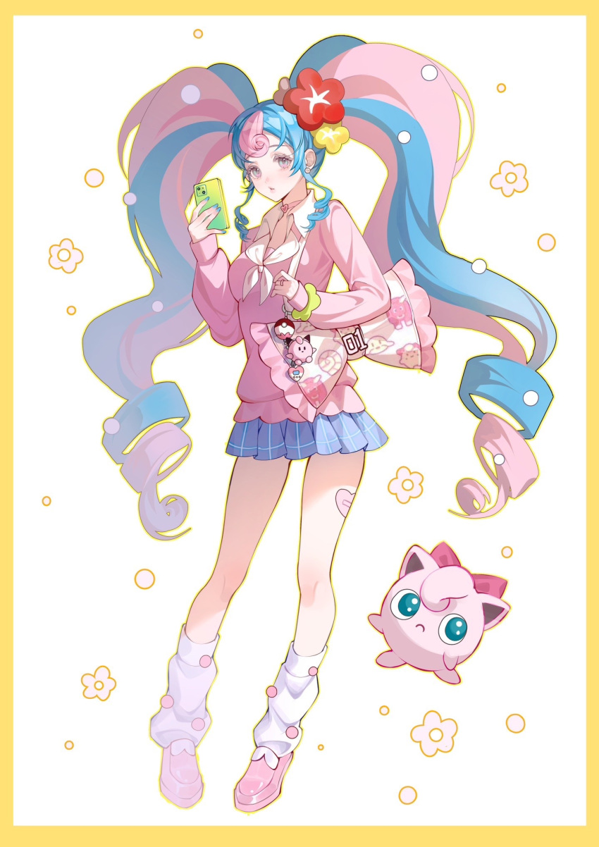 blue_eyes blue_hair cellphone choker clefairy commentary_request drill_hair drill_sidelocks earrings fairy_miku_(project_voltage) female flower full_body hair_flower hair_ornament hand_up hatsune_miku heart heart_choker highres holding holding_phone jewelry jigglypuff leg_warmers long_hair long_sleeves looking_at_viewer multicolored_hair neckerchief parted_lips phone pink_bag pink_footwear pink_hair pink_shirt pink_skirt pleated_skirt poke_ball pokemon pokemon_(creature) pokewalker project_voltage ring scrunchie shirt sidelocks skirt smartphone sticker_on_leg twin_drills two-tone_hair utaki_(z711425986) very_long_hair vocaloid white_leg_warmers white_neckerchief wrist_scrunchie