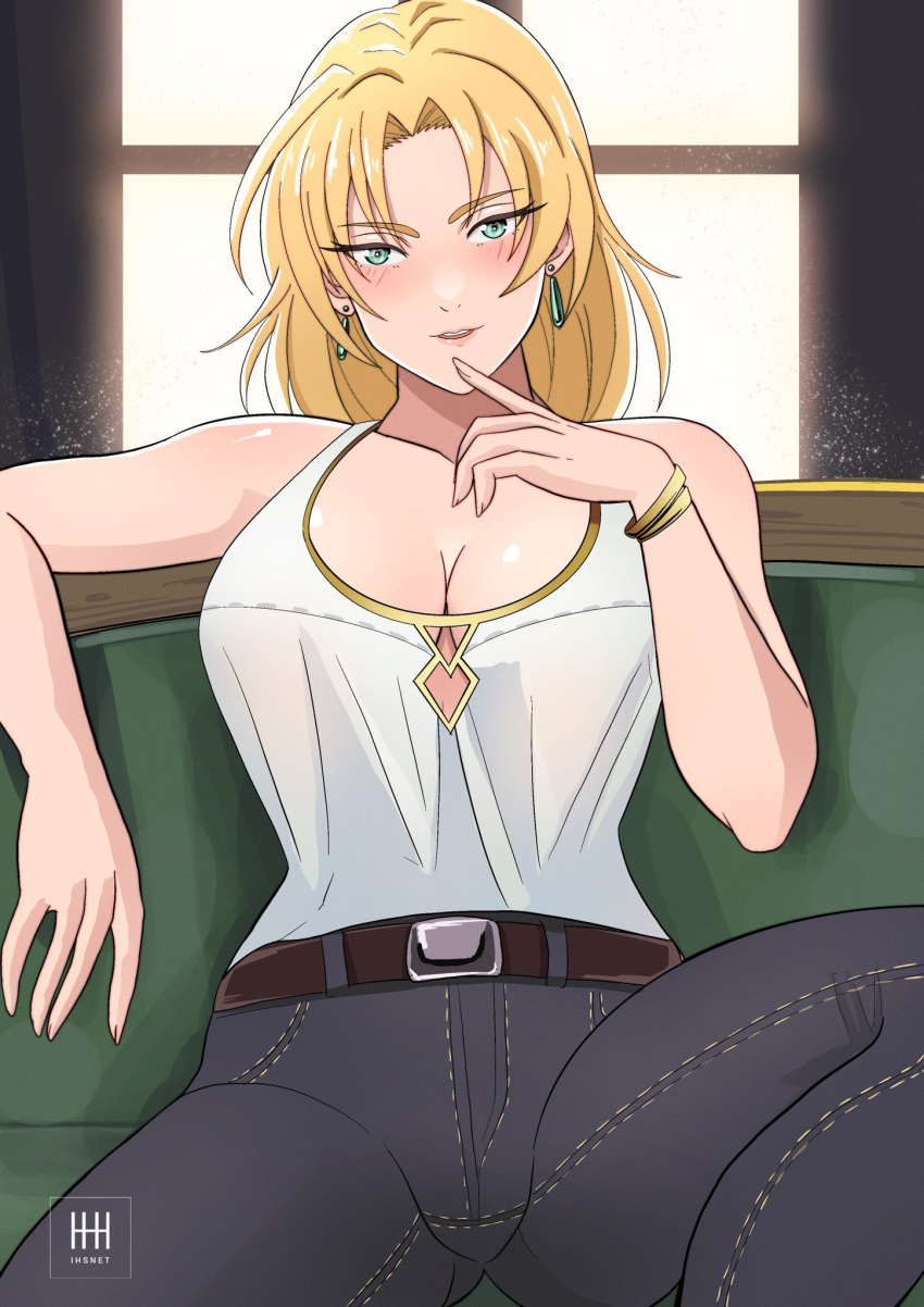 bare_arms blonde_hair blue_eyes breasts cleavage contemporary couch denim female finger_to_mouth fire_emblem fire_emblem:_the_sacred_stones green_eyes highres ihsnet jeans large_breasts leg_up looking_at_viewer on_couch pants selena_(fire_emblem:_the_sacred_stones) sitting smile solo spread_legs window