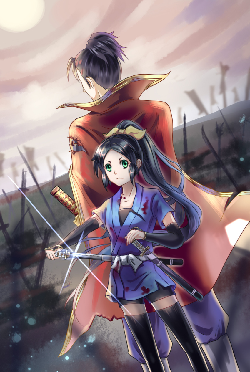 1boy black_hair blood blood_on_face bow chidori_(nobunaga_no_shinobi) cloak commentary_request female flag green_eyes hairbow highres holding holding_sword holding_weapon japanese_clothes long_hair ninja nobunaga_no_shinobi oda_nobunaga_(nobunaga_no_shinobi) pegasus0124 ponytail red_cloak short_sleeves sword weapon