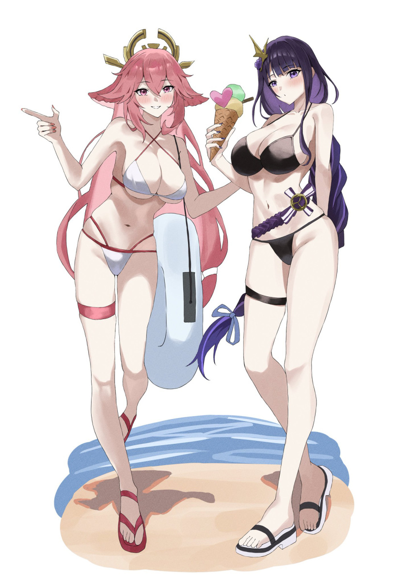 2girls animal_ears bare_shoulders bikini black_bikini criss-cross_halter food fox_ears genshin_impact grin halterneck higashiwun_izumi highres holding holding_food ice_cream long_hair looking_at_viewer multiple_girls navel pink_hair purple_eyes purple_hair raiden_shogun sandals simple_background smile stomach swimsuit thigh_strap very_long_hair white_background white_bikini yae_miko