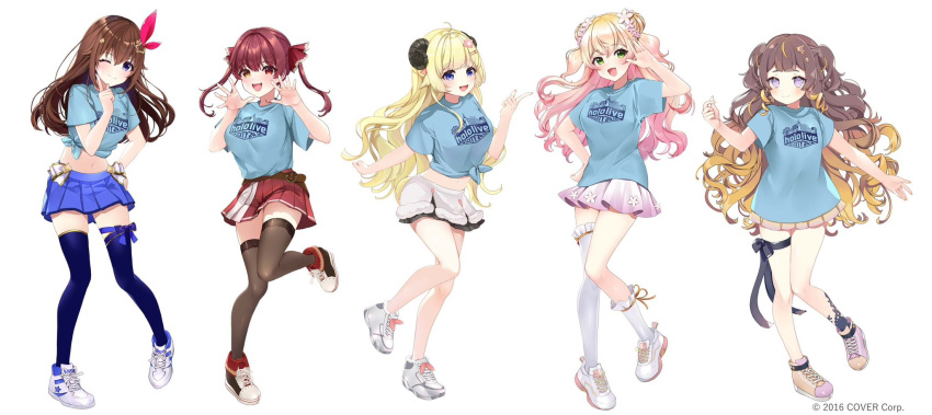 5girls anya_melfissa asymmetrical_legwear black_thighhighs blonde_hair blue_shirt blue_skirt brown_hair brown_thighhighs closed_mouth full_body green_eyes hand_up heterochromia highres hololive hololive_indonesia horns houshou_marine long_hair looking_at_viewer midriff momosuzu_nene multicolored_hair multiple_girls official_art one_eye_closed pink_hair puracotte red_eyes red_hair red_skirt sheep_girl sheep_horns shirt short_sleeves simple_background skirt smile socks standing thighhighs tokino_sora tsunomaki_watame uneven_legwear virtual_youtuber white_background white_skirt white_socks white_thighhighs yellow_eyes zettai_ryouiki