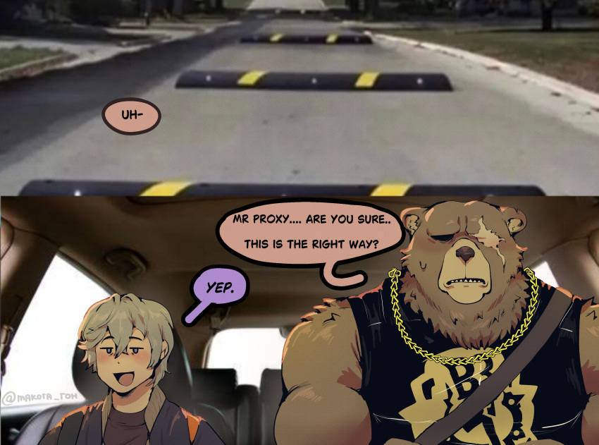 absurd_res anthro bear ben_bigger blush brown_body brown_fur car clothing draw_over driving duo english_text facial_scar fur grey_hair hair hi_res human humor jewelry makota_toh male male/male mammal meme mihoyo missing_eye necklace scar shirt tank_top text topwear vehicle wise_(zenless_zone_zero) zenless_zone_zero