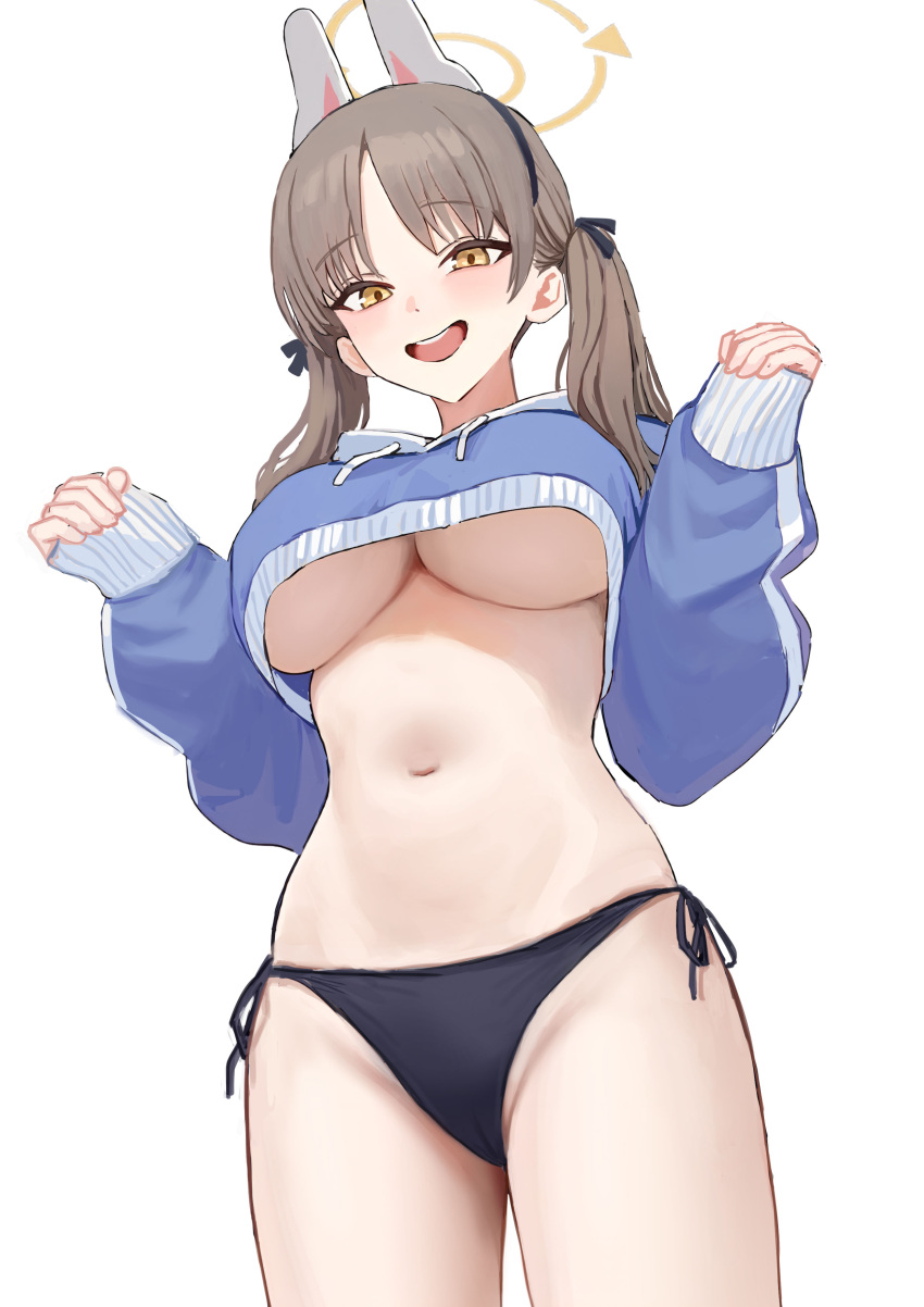 absurdres bikini black_bikini blue_archive blush breasts brown_hair cropped_hoodie female halo highres hood hoodie large_breasts long_hair long_sleeves looking_at_viewer moe_(blue_archive) moe_(swimsuit)_(blue_archive) navel official_alternate_costume open_mouth original purple_z side-tie_bikini_bottom smile solo stomach swimsuit twintails underboob yellow_eyes