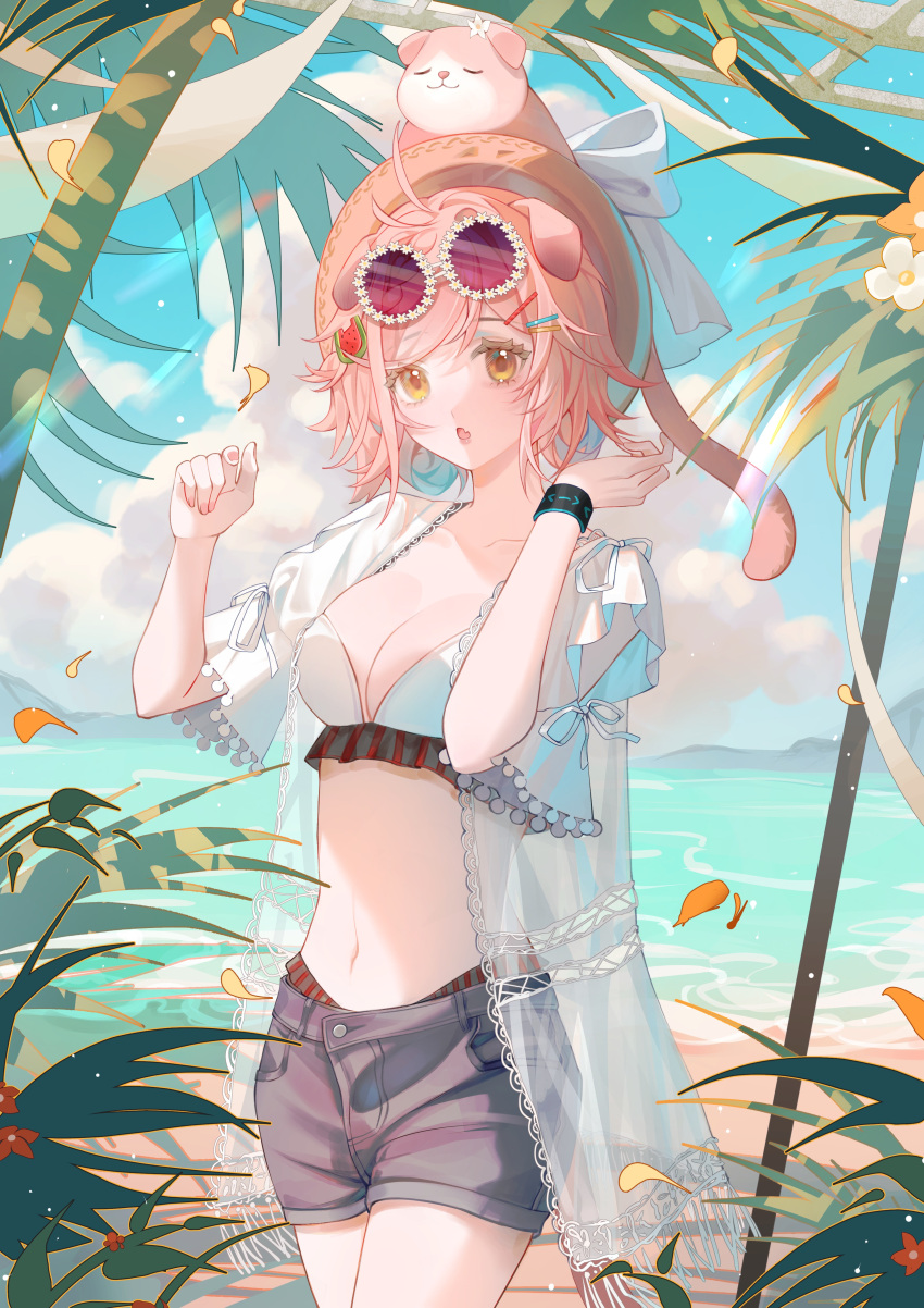 absurdres animal_ears animal_on_head arknights beach bikini blue_shorts breasts brown_hat cat_ears cat_girl cat_on_head cleavage commentary_request cowboy_shot eyewear_on_head feline female floppy_ears flower-shaped_eyewear food-themed_hair_ornament goldenglow_(arknights) goldenglow_(summer_flowers)_(arknights) hair_ornament hairclip hands_up hat highres infection_monitor_(arknights) looking_at_viewer navel ocean official_alternate_costume on_head open_clothes open_mouth open_shirt orange_eyes outdoors palm_tree pink_cat pink_hair purple-tinted_eyewear scottish_fold see-through see-through_shirt shirt short_hair shorts solo summer sunglasses swimsuit tinted_eyewear tree utaki_(z711425986) water watermelon_hair_ornament white_bikini