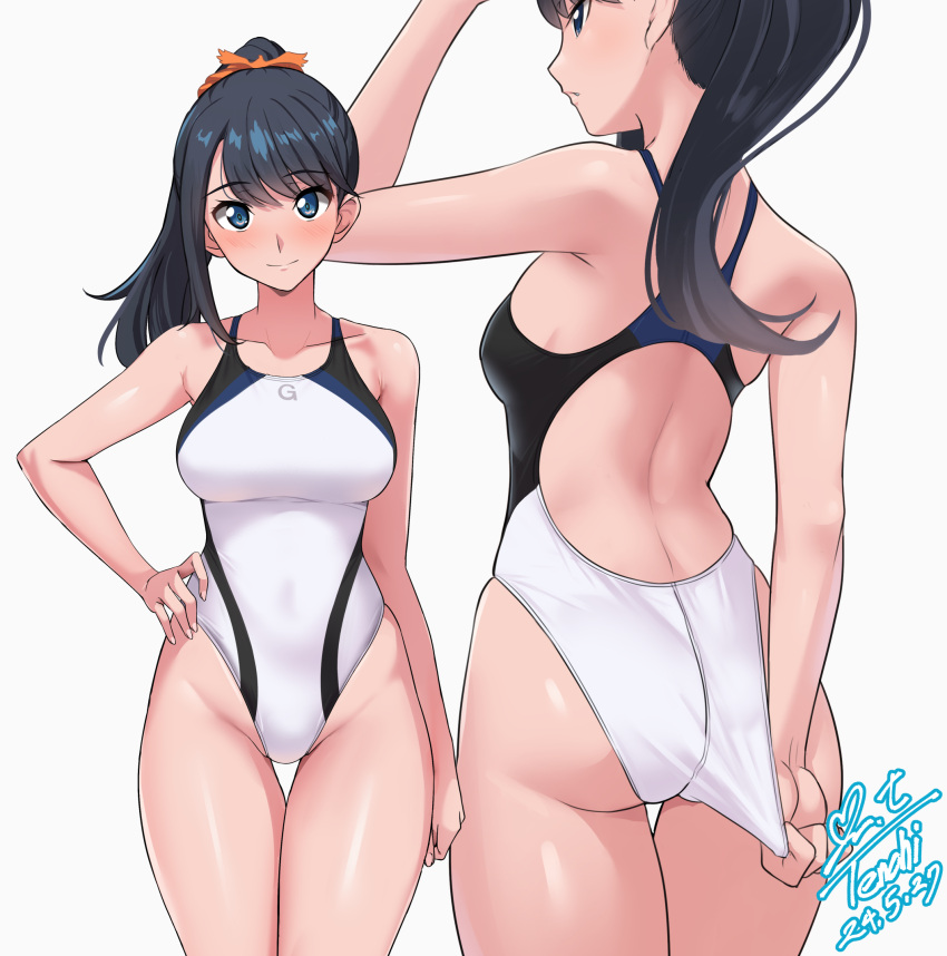 adjusting_clothes adjusting_swimsuit alternate_costume ass back back_cutout black_hair blue_eyes blush breasts circle_cutout closed_mouth clothing_cutout commission competition_swimsuit covered_navel cowboy_shot female from_behind gridman_universe groin hand_on_own_hip high_ponytail highleg highleg_one-piece_swimsuit highres long_hair medium_breasts multiple_views one-piece_swimsuit parted_lips pixiv_commission ponytail revision simple_background smile ssss.gridman swimsuit takarada_rikka thigh_gap thighs variant_set white_background white_one-piece_swimsuit yoo_tenchi