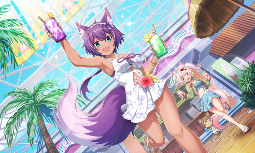 >o< 2girls ahoge animal_ear_fluff animal_ears aqua_eyes artist_request bead_bracelet bead_hairband beads blue_skirt blue_sky bracelet clothing_cutout cup day dress drinking_glass dutch_angle floral_print flower food fox_ears fox_girl fox_tail from_below green_jacket hairband hibiscus holding holding_cup howan_(show_by_rock!!) ice_cream jacket jewelry leg_up lens_flare long_hair looking_at_viewer low_ponytail multiple_girls neck_ribbon oerba_yun_fang official_alternate_costume official_art open_clothes open_jacket open_mouth palm_tree pink_hair ponytail pool purple_hair ribbon ruhuyu_(show_by_rock!!) running sandals short_hair show_by_rock!! side_ponytail skirt sky sleeveless sleeveless_dress smile solo_focus sparkle stomach_cutout sundae tail third-party_source tree white_dress wolf_ears wolf_girl wolf_tail