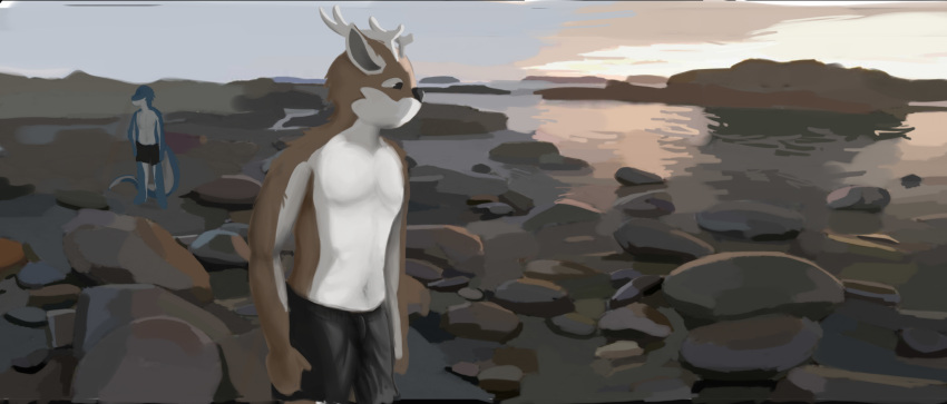 absurd_res anthro antlers athletic athletic_male black_bottomwear black_clothing black_swimming_trunks black_swimwear blue_body blue_fur bottomwear brown_body brown_fur clothed clothing countershade_arms countershade_legs countershade_tail countershade_torso countershading deer detailed_background dragon faceless fur furred_dragon furred_scalie hi_res horn humanoid huntings male mammal mythological_creature mythological_scalie mythology rock scalie sea seaside shirtless shirtless_male shore shoreline sunrise swimming_trunks swimwear tail topless water white_antlers white_body white_countershading white_fur