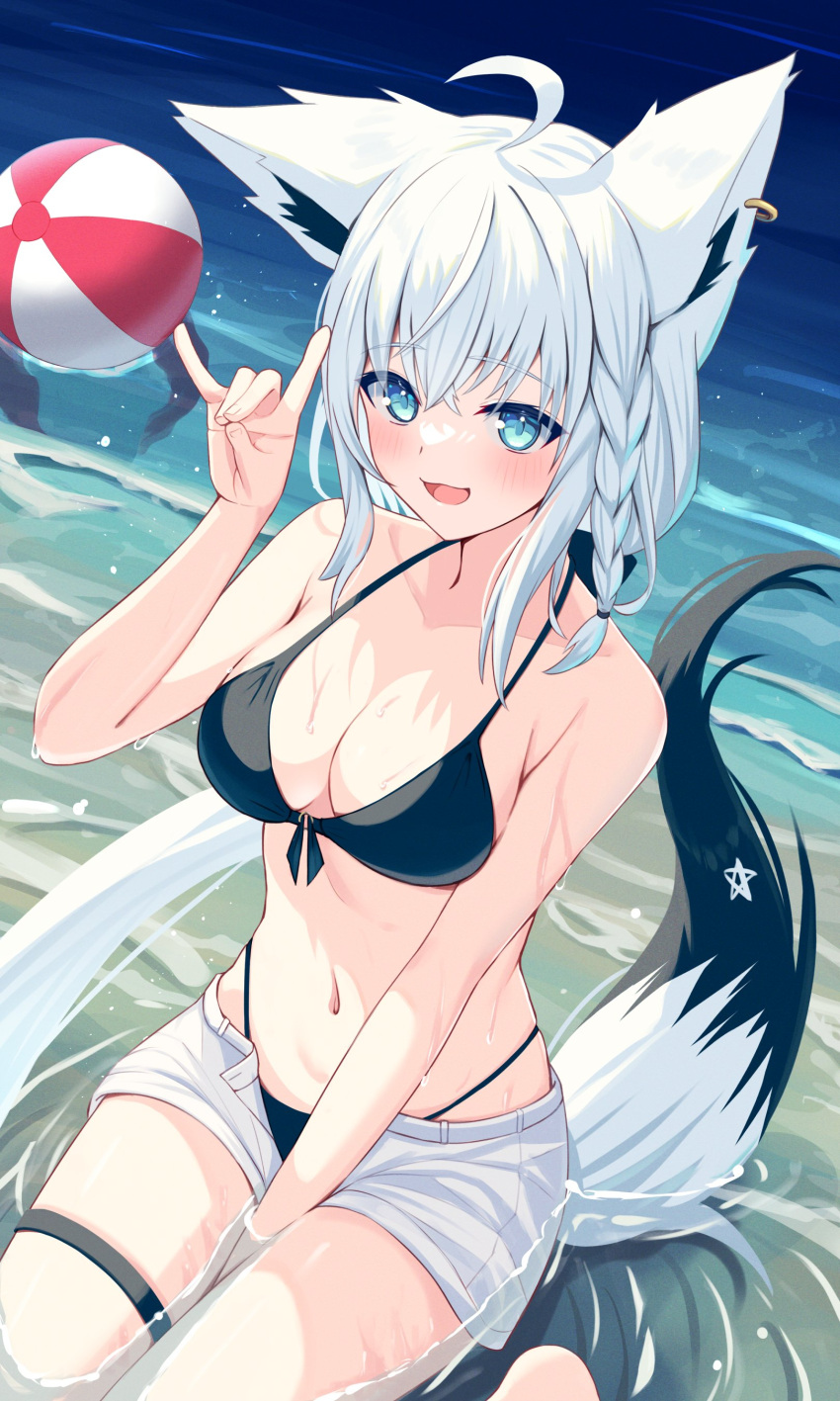 absurdres ball beach beachball bikini bikini_under_clothes black_bikini black_tail breasts cleavage collarbone denim denim_shorts female fox_shadow_puppet highres hololive medium_breasts navel ocean partially_submerged sand shirakami_fubuki short_shorts shorts solo swimsuit togemaru34 two-tone_tail virtual_youtuber water white_hair white_shorts white_tail