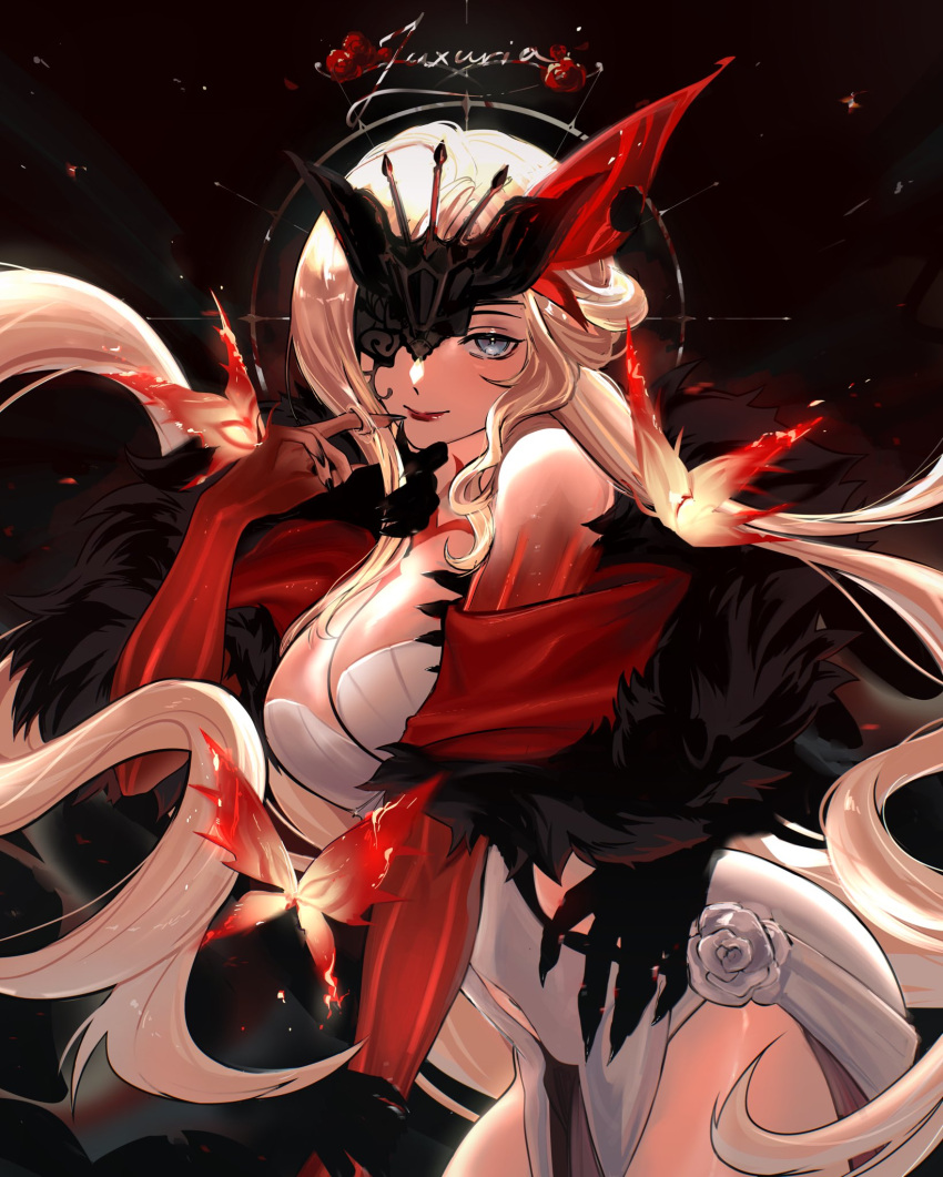 bare_arms bare_shoulders black_mask black_nails blonde_hair blue_eyes breasts butterfly_mask cleavage crimson_lotus_moth_(genshin_impact) dress earrings eye_mask female fur_trim genshin_impact gloves half_mask highres izyumn jewelry lace-trimmed_eyepatch large_breasts long_hair looking_at_viewer mask mask_over_one_eye one_eye_covered red_lips signora_(genshin_impact) smile solo strapless strapless_dress