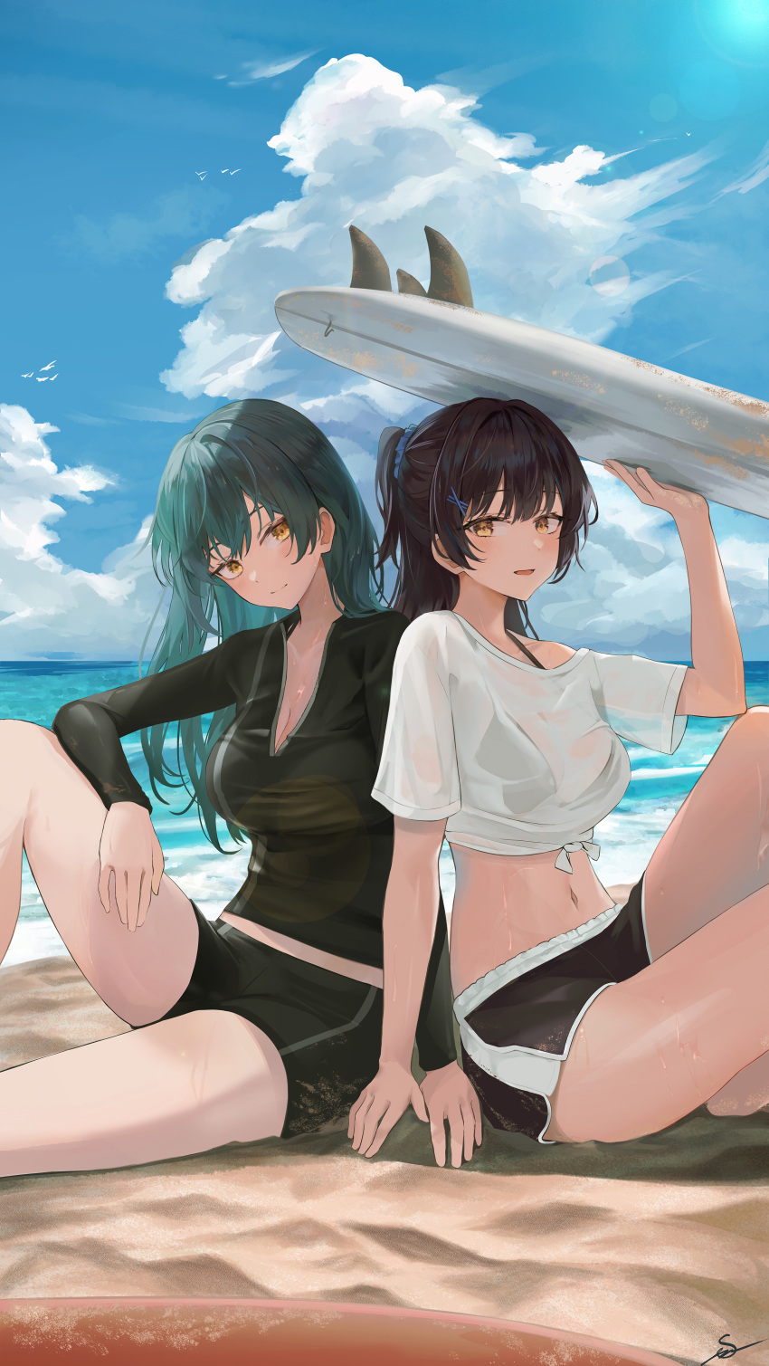 2girls absurdres bikini black_bikini black_hair blue_sky breasts female green_hair highres long_hair long_sleeves medium_breasts multiple_girls ocean original rash_guard short_sleeves sion_(im10042m) sky surfboard swimsuit very_long_hair yellow_eyes