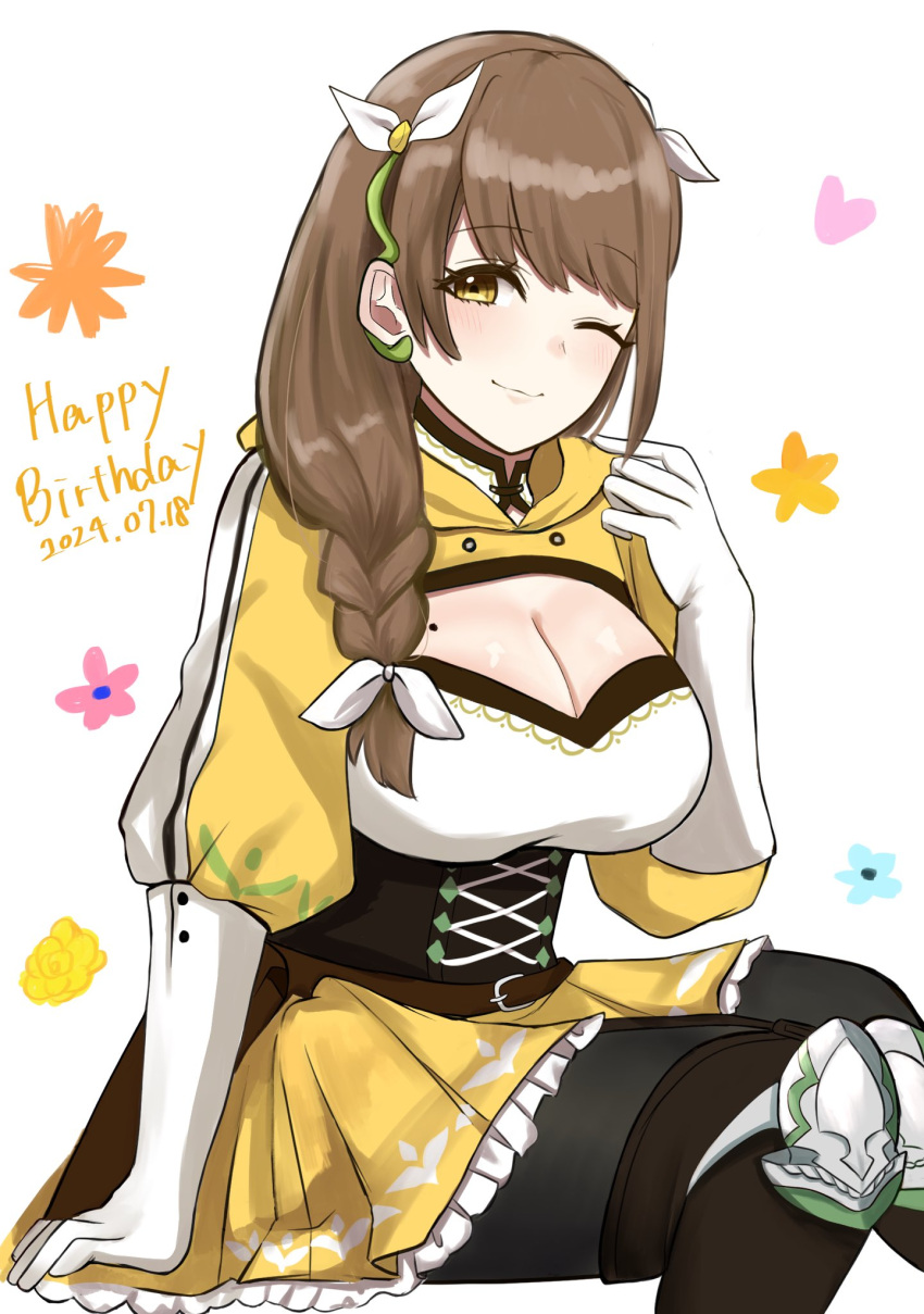 ;) black_pantyhose braid breasts brown_hair cleavage corset female fire_emblem fire_emblem_engage gloves goldmary_(fire_emblem) hair_ribbon hand_up happy_birthday highres large_breasts long_hair looking_at_viewer miniskirt mole mole_on_breast one_eye_closed otokajife pantyhose ribbon sitting skirt smile solo white_gloves white_ribbon yellow_eyes yellow_skirt