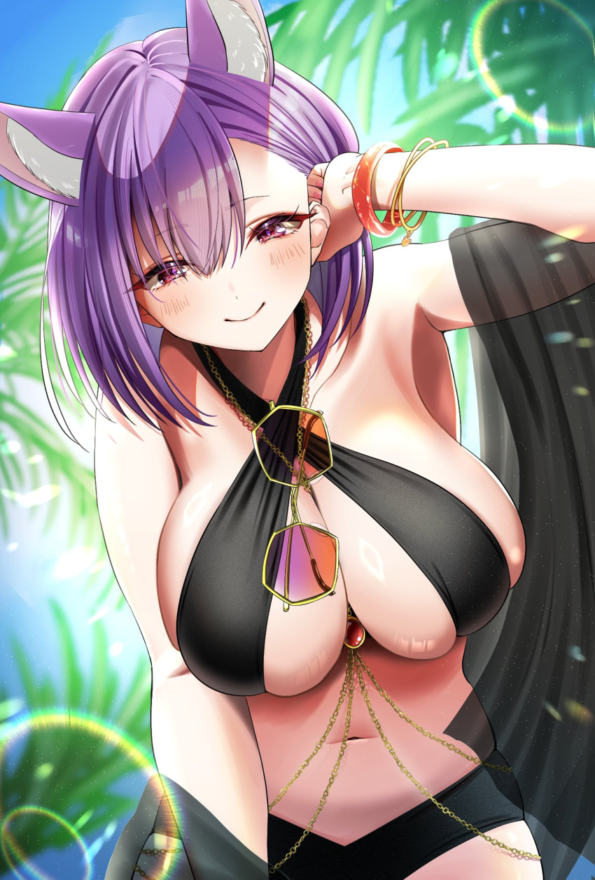 animal_ear_fluff animal_ears bare_shoulders bikini black_bikini blush breasts cleavage commission day female fox_ears fox_girl glasses half-closed_eyes highres indie_virtual_youtuber jewelry kamishiro_natsume kitsune large_breasts leaning_forward leonis_g looking_at_viewer medium_hair navel outdoors purple_hair red_eyes skeb_commission smile solo swimsuit unworn_eyewear virtual_youtuber