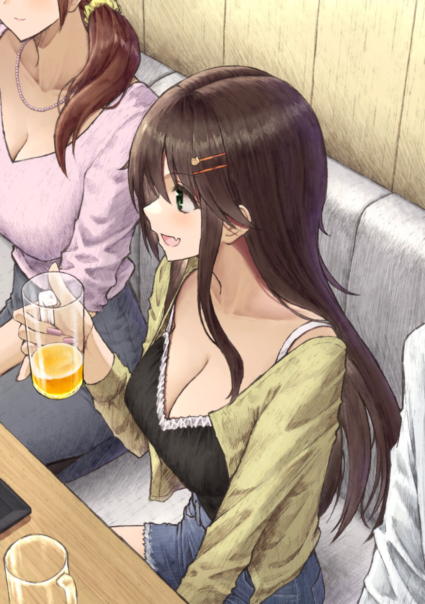 1other 2girls absurdres alcohol aramachi beer black_camisole black_shirt black_skirt breasts brown_hair camisole cat_hair_ornament cleavage closed_mouth collarbone cup denim denim_shorts glass green_eyes hair_ornament hair_over_shoulder hairclip highres himekawa_yuki holding holding_cup idolmaster idolmaster_cinderella_girls izakaya jacket jewelry kawashima_mizuki long_hair long_sleeves multiple_girls necklace oerba_yun_fang open_mouth pink_nails pink_shirt ponytail shirt shorts skirt smile solo_focus straight_hair yellow_jacket