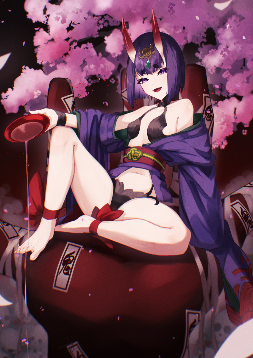 absurdres alcohol ankle_ribbon bare_shoulders barefoot breasts cherry_blossoms collarbone cup eyeliner fate/grand_order fate_(series) female headpiece highres horns izanaware_game japanese_clothes kimono leg_ribbon long_sleeves looking_at_viewer makeup navel obi oni open_mouth purple_eyes purple_hair purple_kimono revealing_clothes ribbon sakazuki sake sash short_hair short_kimono shuten_douji_(fate) sitting skin-covered_horns small_breasts smile solo tree wide_sleeves