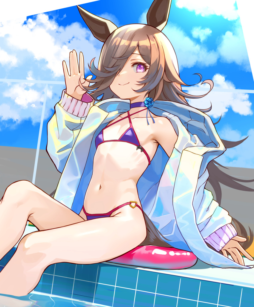 animal_ears bikini black_hair blush breasts cloud collarbone commentary_request female groin hair_ornament hair_over_one_eye highres horse_ears horse_girl jacket looking_at_viewer navel patricia_(stylish_marunage) purple_eyes rice_shower_(umamusume) sky small_breasts smile solo swimsuit umamusume