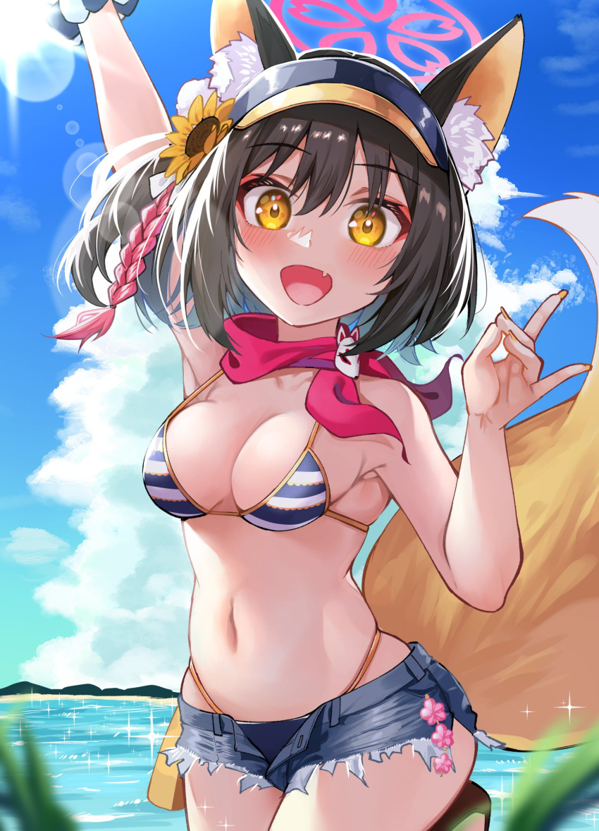 animal_ear_fluff animal_ears arm_up bikini blue_archive blue_sky braid breasts brown_hair cleavage cloud cloudy_sky commentary_request cowboy_shot denim denim_shorts eyeshadow female flower fox_ears fox_girl fox_shadow_puppet fox_tail hair_flower hair_ornament halo highres hitotose_hirune izuna_(blue_archive) izuna_(swimsuit)_(blue_archive) leg_up looking_at_viewer makeup medium_breasts navel pink_eyeshadow red_halo red_scarf scarf scrunchie short_hair short_shorts shorts sky solo standing stomach striped_bikini striped_clothes sunflower sunflower_hair_ornament swimsuit tail visor_cap wrist_scrunchie